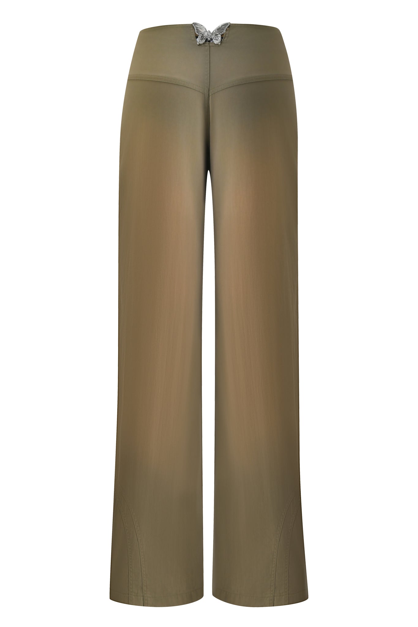 The SEQUOIA PANT by I.AM.GIA features an army green wide-leg design with a high waist and a silver butterfly detail at the waistband. Crafted from smooth, lightweight fabric, these pants bring a refined twist to classic straight-leg styles.