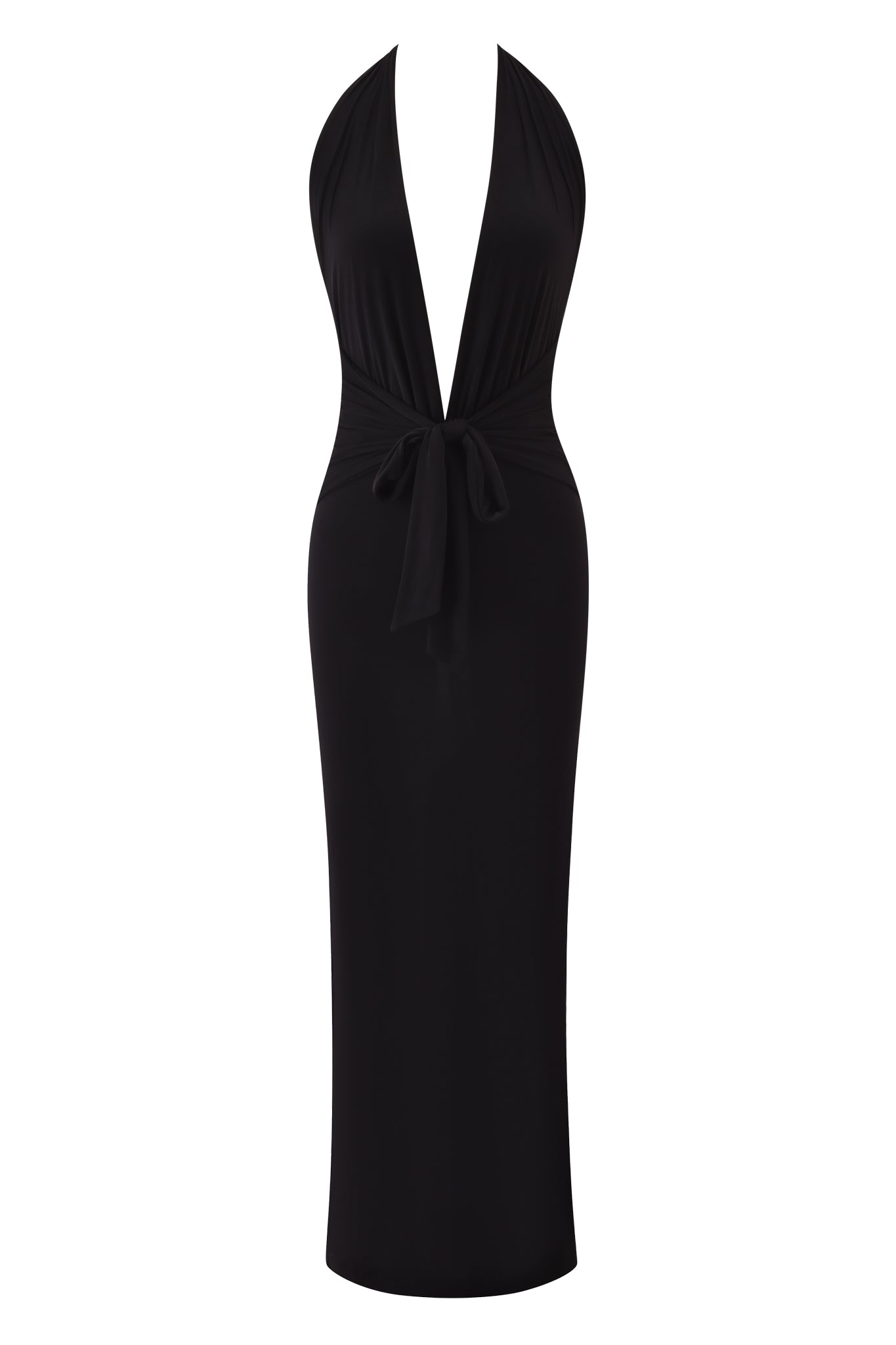 The ZIVA PLUNGE TIE MAXI DRESS by I.AM.GIA is a black sleeveless ankle-length dress featuring a plunging V neckline, fitted silhouette, and tied waistband.