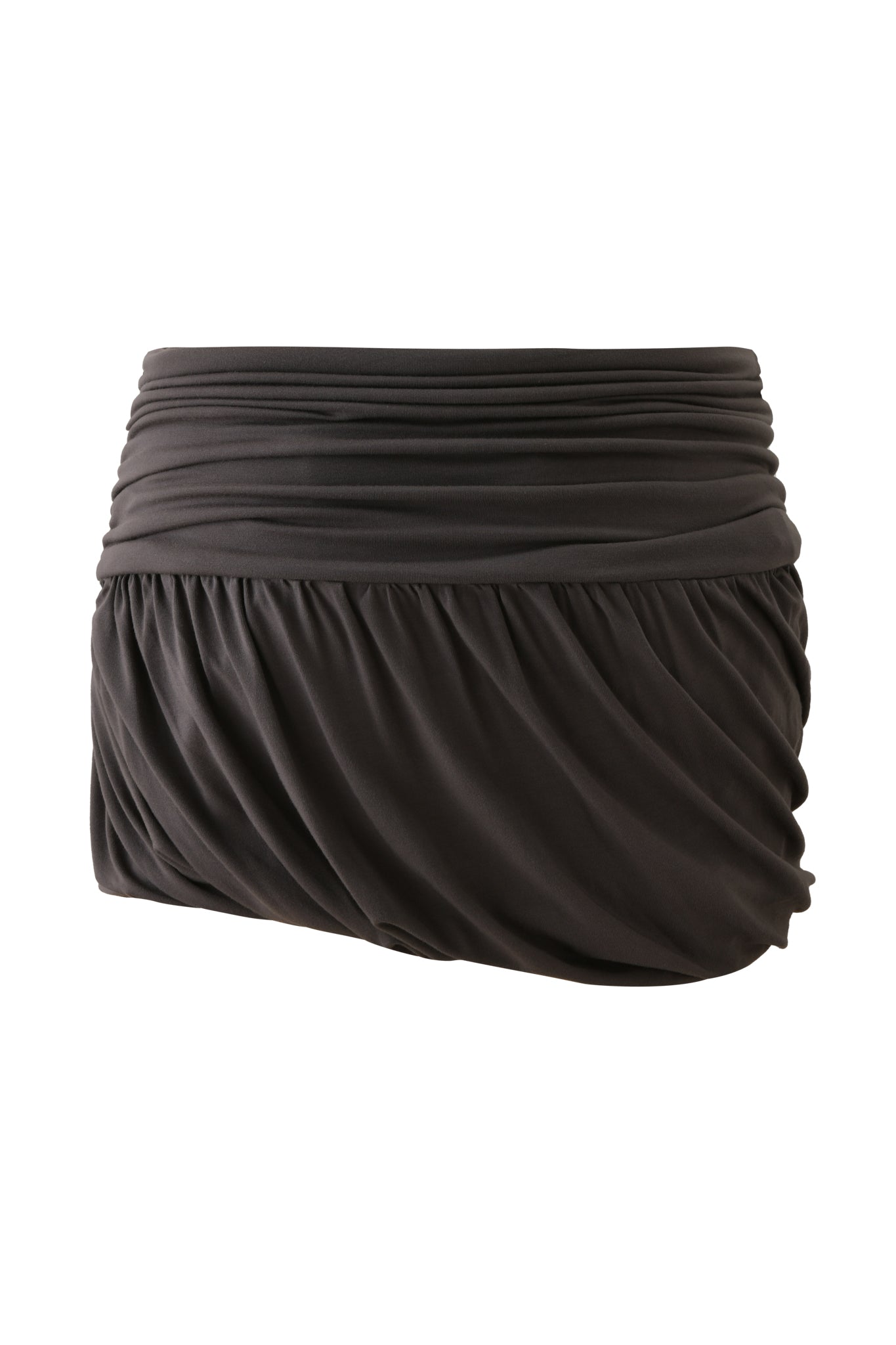 The KOVU MINI SKIRT by I.AM.GIA in charcoal grey features a ruched, gathered bubble design with a fitted waistband, made from soft jersey fabric and shown against a plain white background.