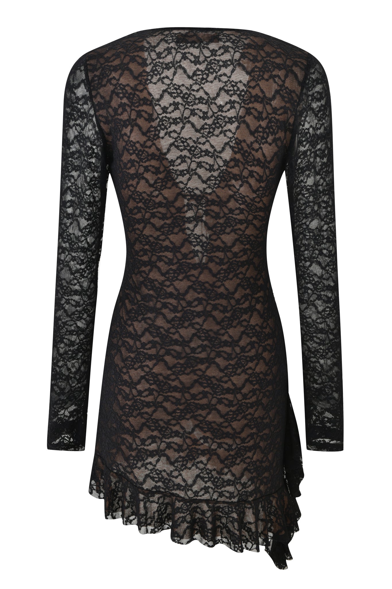 The CLARISSE MINI DRESS by I.AM.GIA is a black lace mini dress with long sleeves, a sheer floral pattern, fitted silhouette, and ruffled asymmetrical hem, shown from the back.