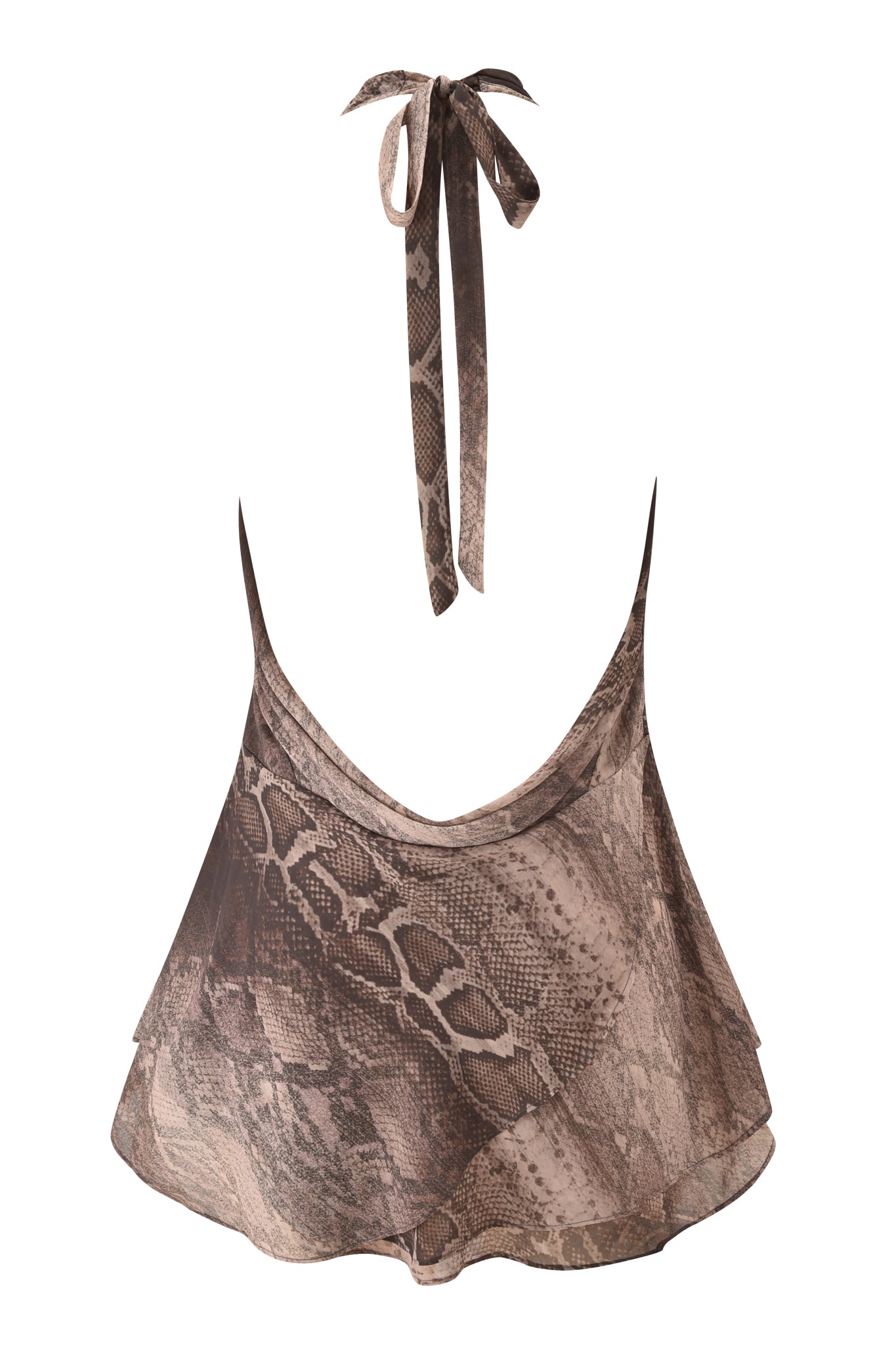The ROSANNA SLEEVELESS COWL MINI DRESS by I.AM.GIA features a brown snake print, halter neck tie, and cowl neckline. Made from sheer, lightweight fabric, it has a flared silhouette for a chic, flowy look.