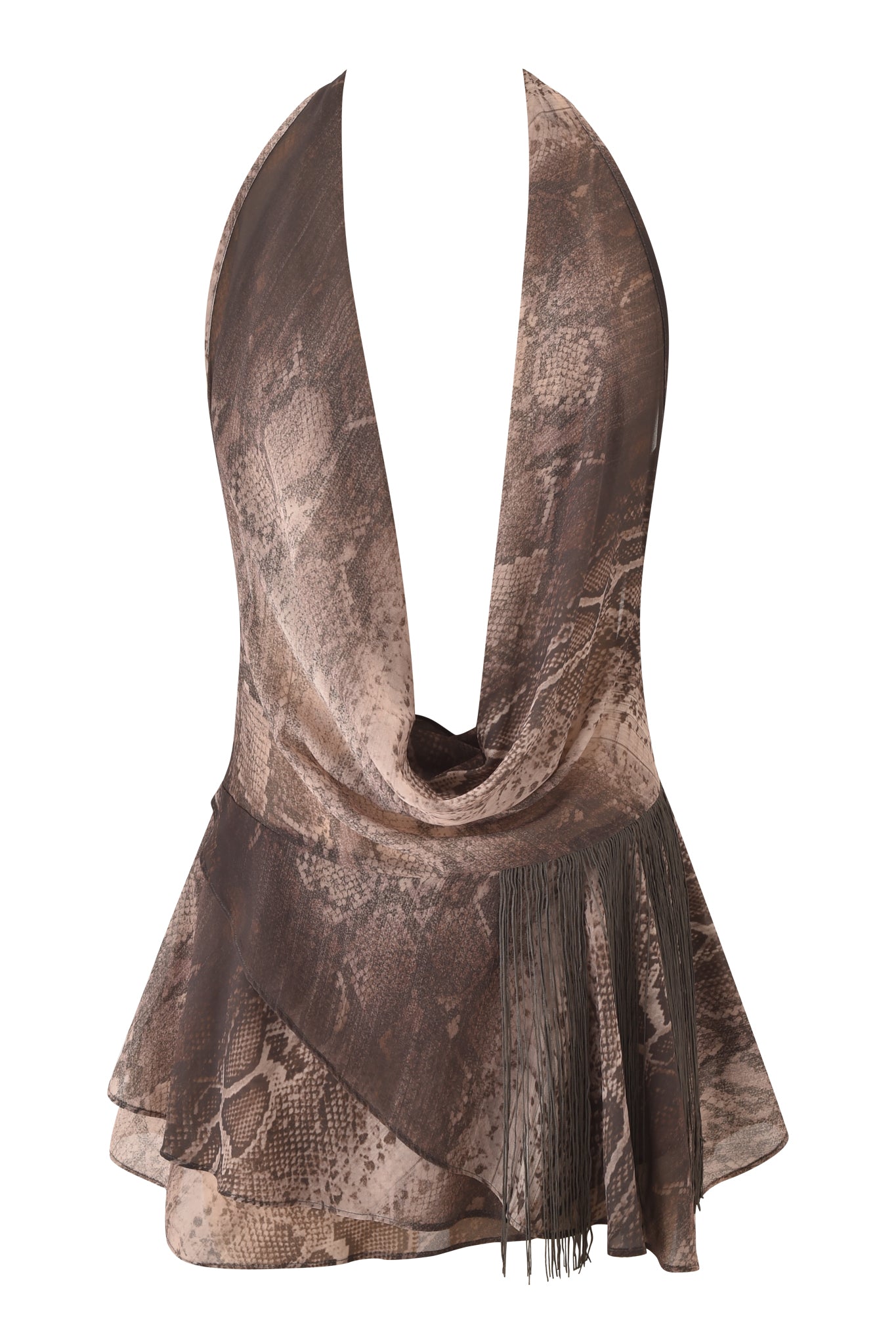 The ROSANNA Sleeveless Cowl Mini Dress by I.AM.GIA features a brown snake print, halter neckline, flared hem, and chic tassel fringe on one side for a statement mini dress look.
