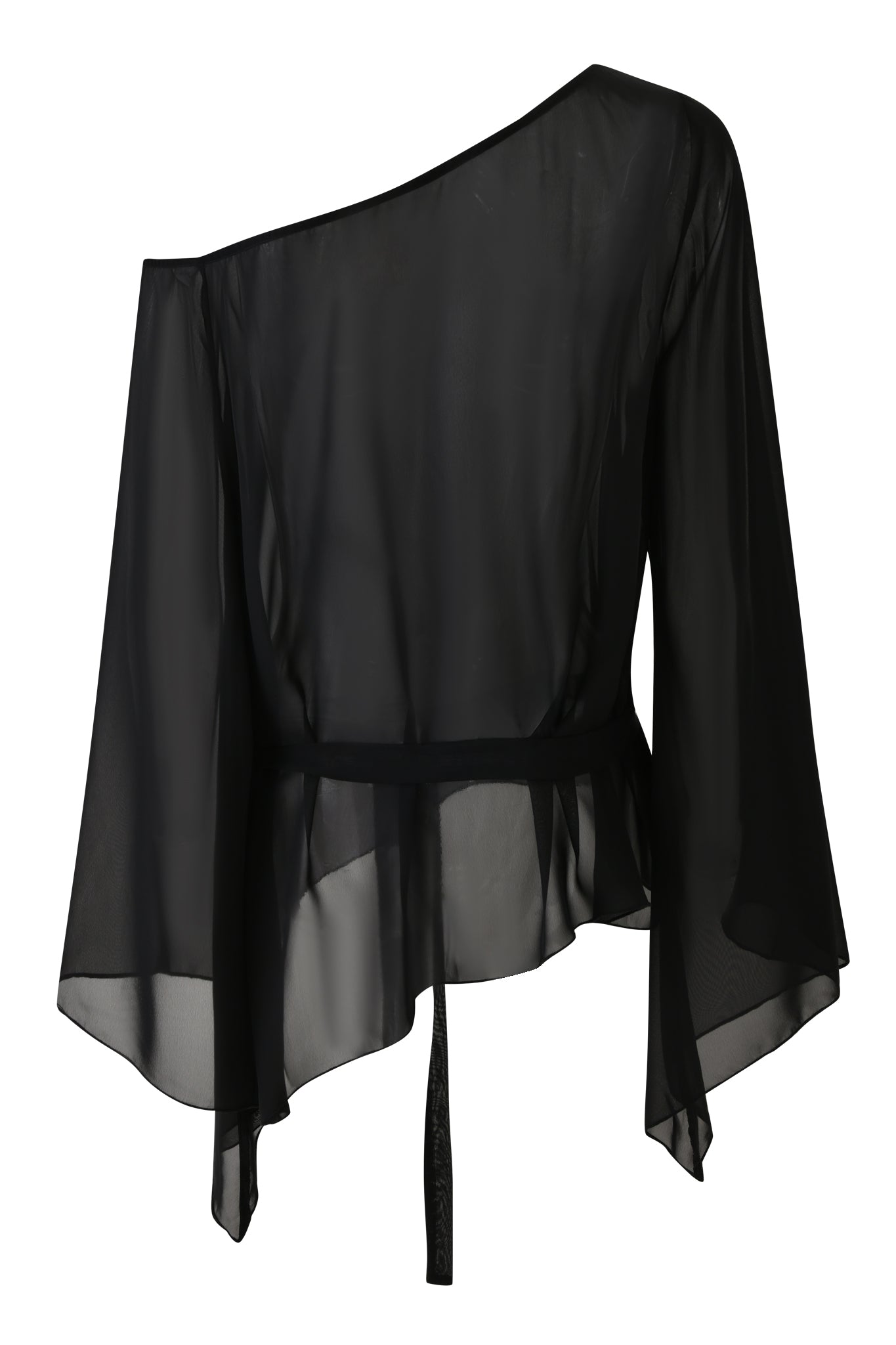 The MALINA LONG SLEEVE PONCHO TOP by I.AM.GIA is a black sheer off-shoulder blouse with long, wide bell sleeves, an asymmetrical neckline, and a waist tie. Lightweight and loose-fitting for effortless style.