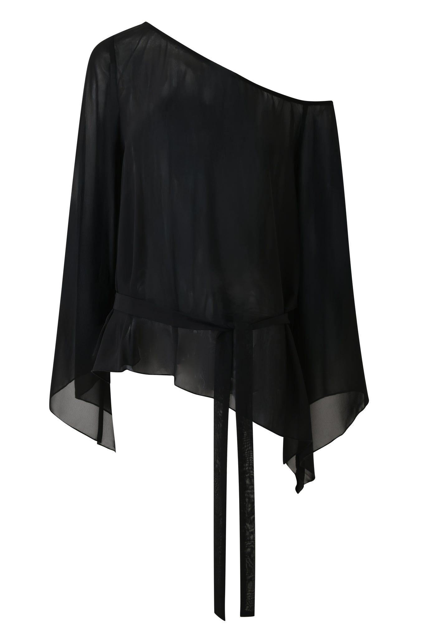 The MALINA LONG SLEEVE PONCHO TOP by I.AM.GIA in black features a sheer off-the-shoulder design, asymmetrical neckline, long bell sleeves, ruffled hem, and waist tie belt, shown on a white background.