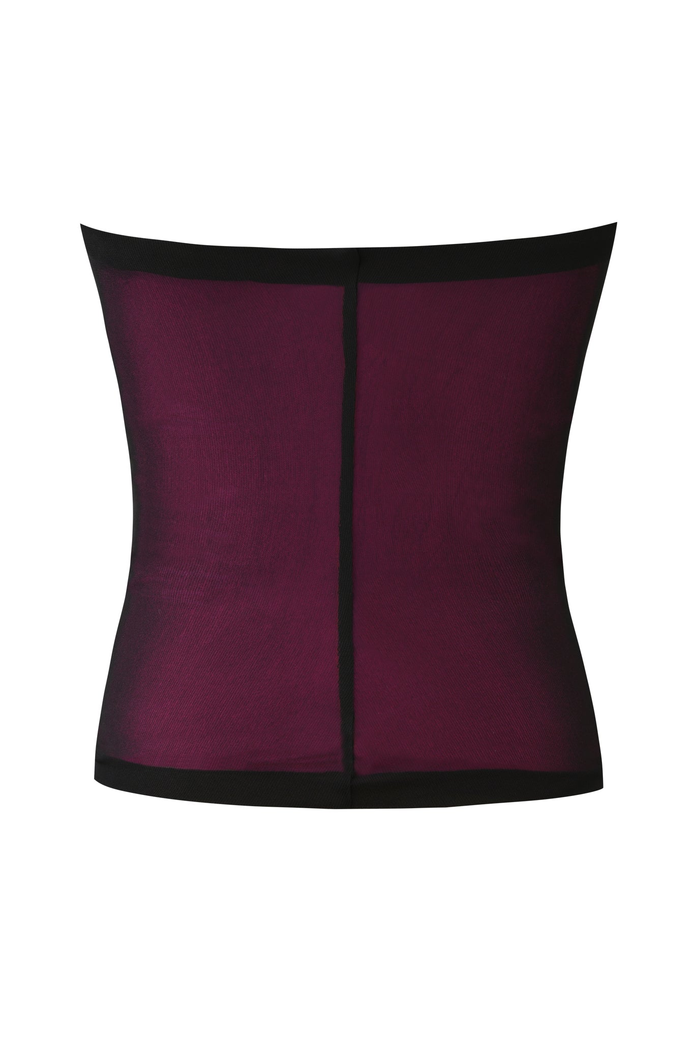 The I.AM.GIA AVARIX HOSIERY LAYERED BOOB TUBE in plum features sheer stretch mesh with black edging and a vertical center seam, offering a comfortable, body-hugging fit, shown against a white background.
