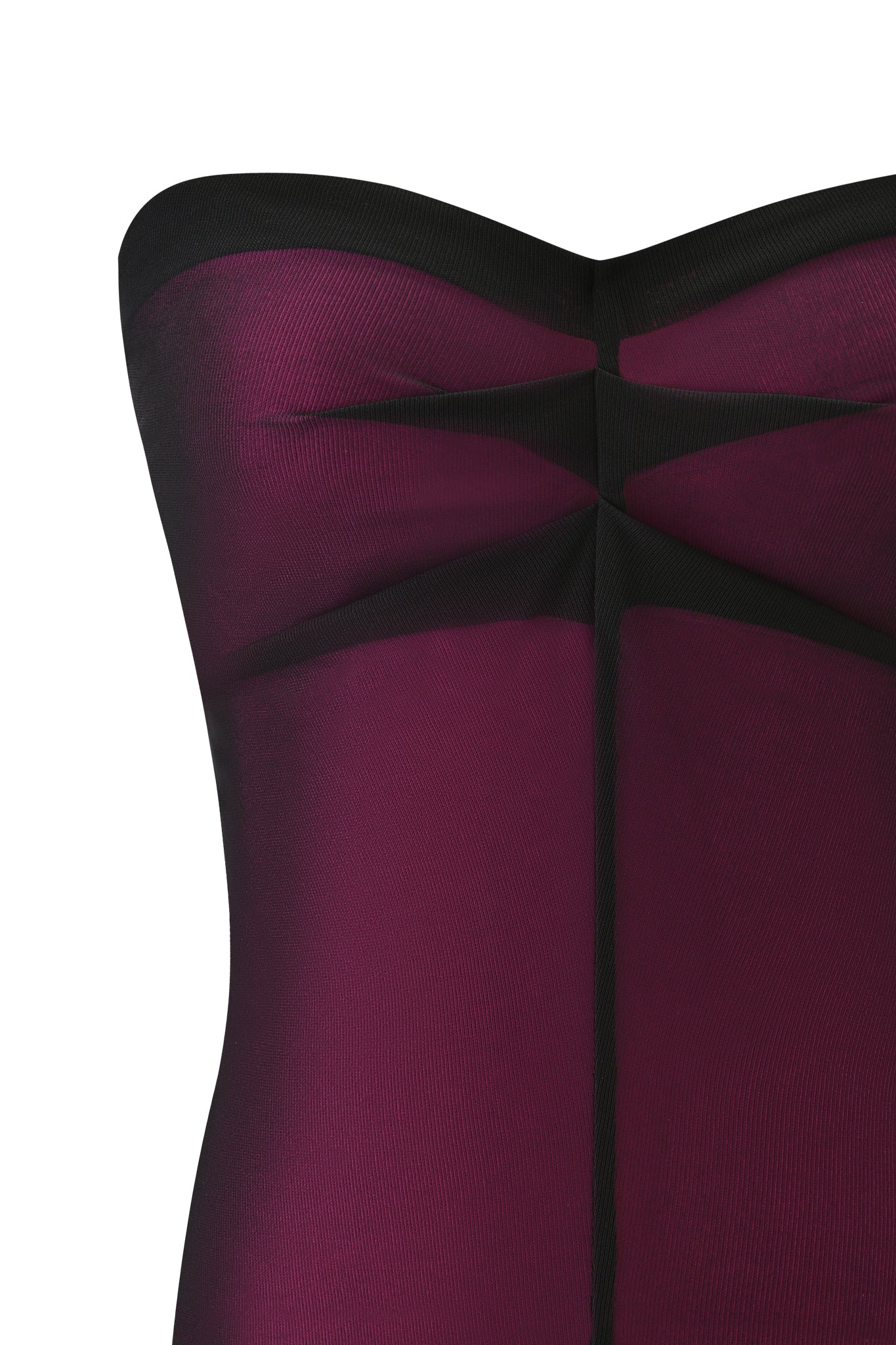 Close-up of the I.AM.GIA AVARIX HOSIERY LAYERED BOOB TUBE in plum, a strapless tube top with black trim and sheer stretch mesh panels forming geometric shapes on a bodycon fit.