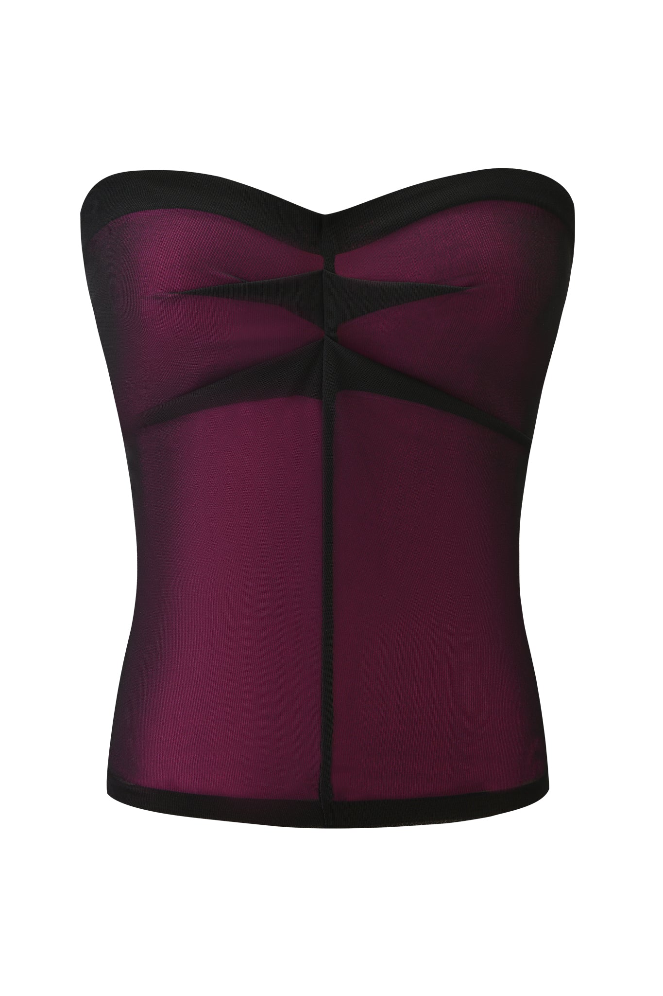 The I.AM.GIA AVARIX HOSIERY LAYERED BOOB TUBE in plum is a strapless, bodycon tube top made from stretch mesh with black trim and geometric seam accents, shown on a white background.