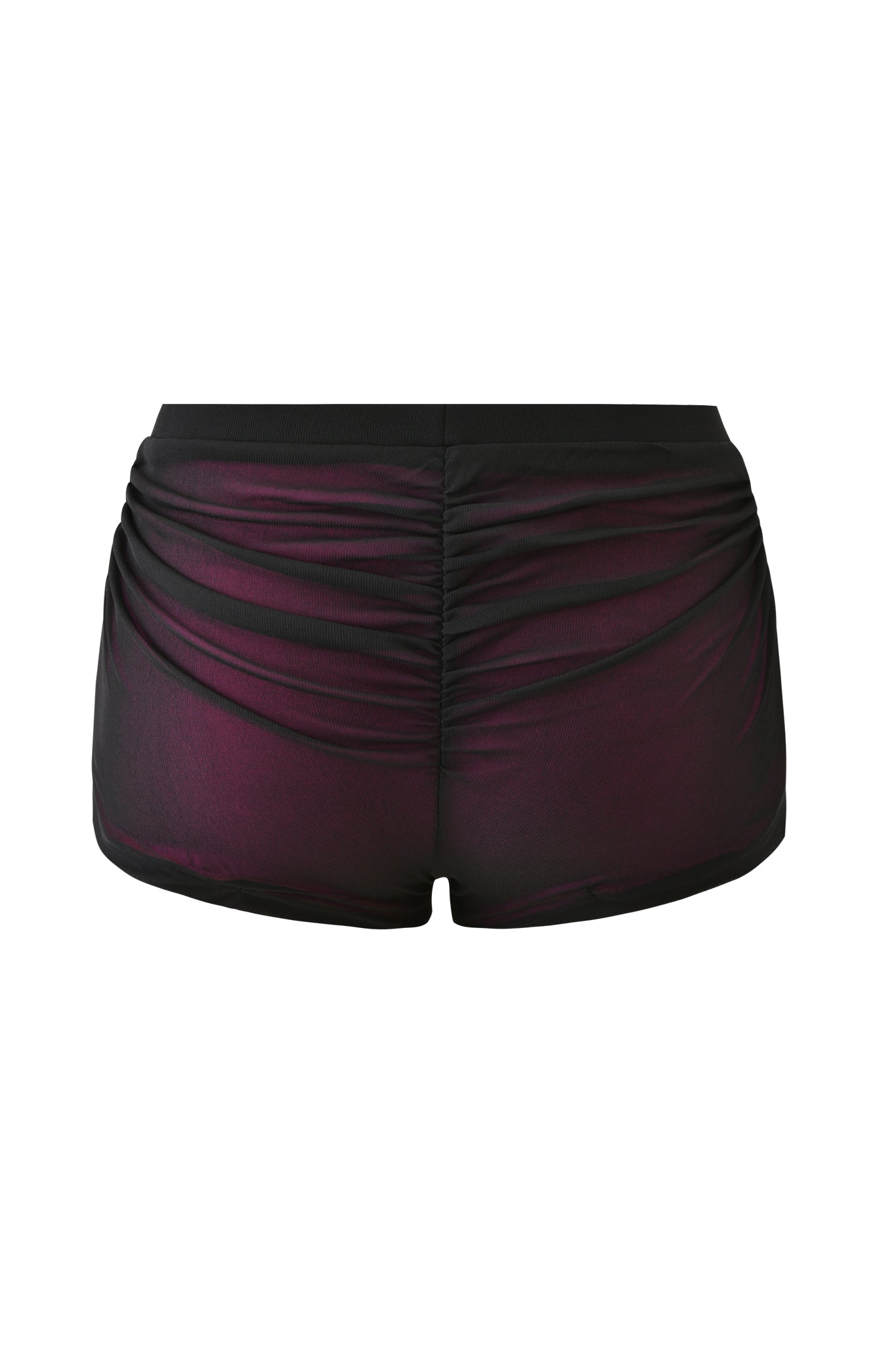 The AVARIX HOSIERY LAYERED SHORT - PLUM by I.AM.GIA features dark purple, high-waisted women's swim shorts with ruched back detailing and a bodycon fit, shown against a white background.