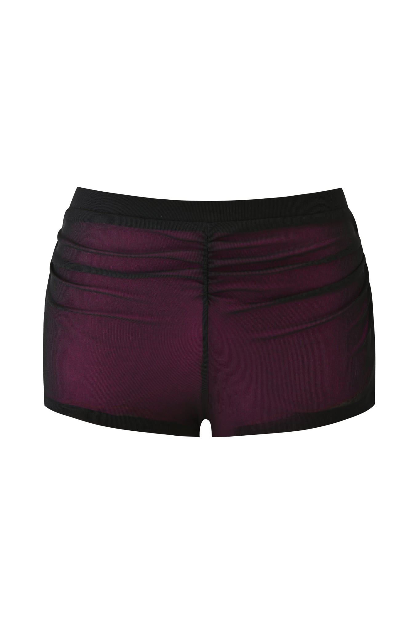 The I.AM.GIA AVARIX HOSIERY LAYERED SHORT in plum features sheer, dark purple fabric with a black waistband and trim, ruched sides and back seam, and a micro mini length, shown against a white background.