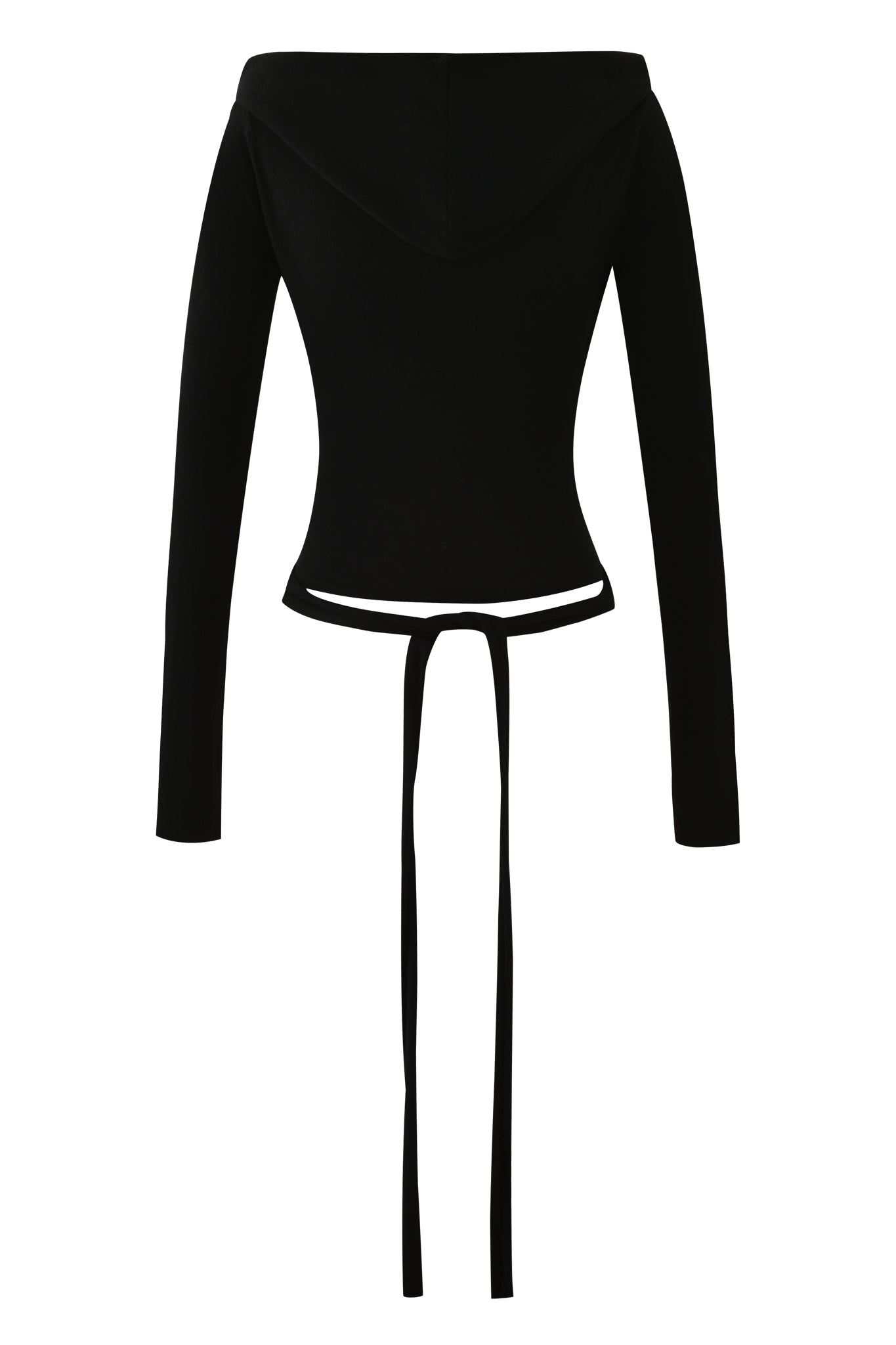 The IRINA KNIT TOP - BLACK by I.AM.GIA features a fitted, off-the-shoulder design with two long waist straps, shown from the back against a white background.