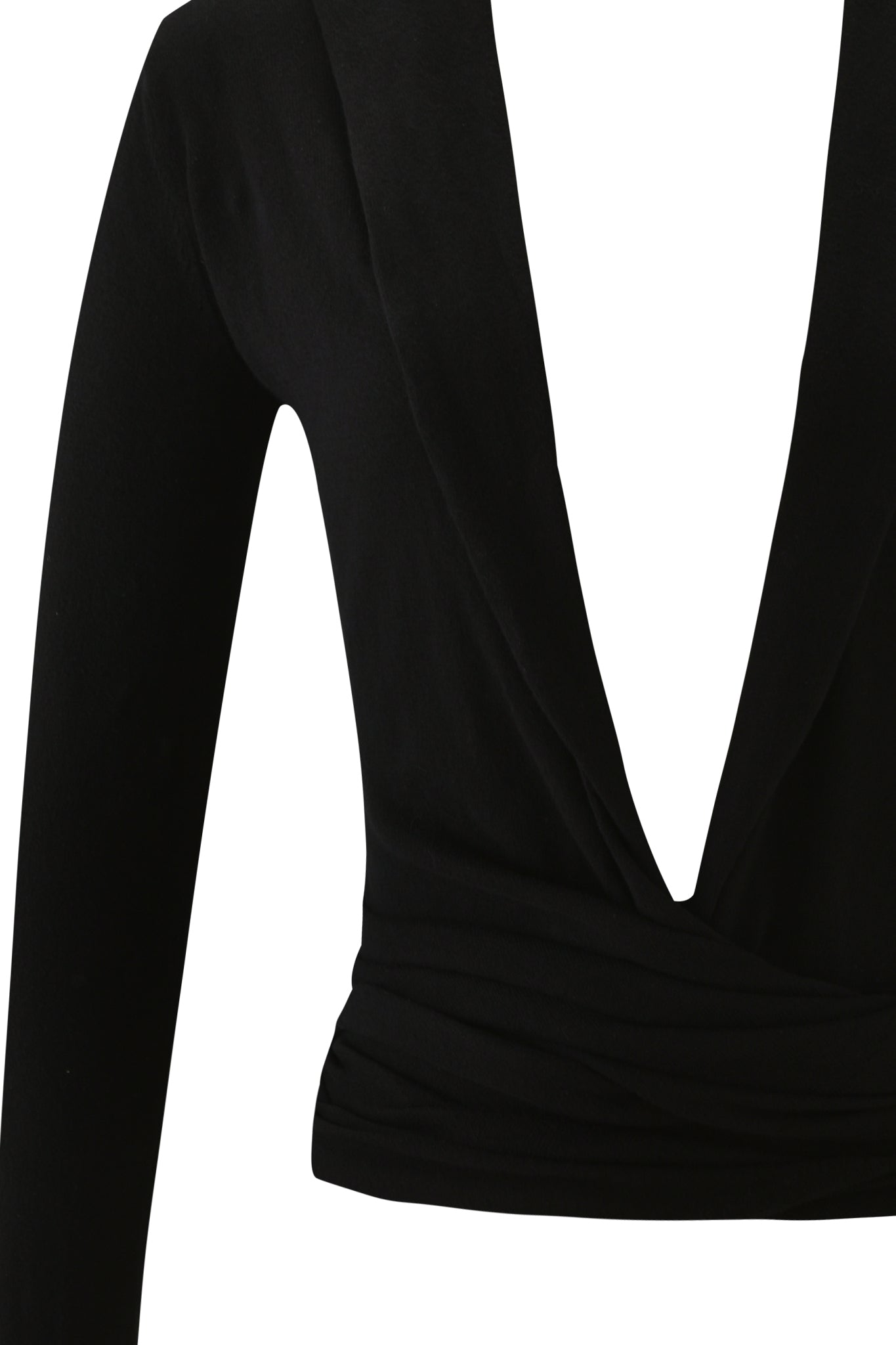 A close-up of the IRINA KNIT TOP - BLACK by I.AM.GIA, a 100% cotton long-sleeve with a deep V-neckline and a wrapped, ruched waist design, shown against a white background.