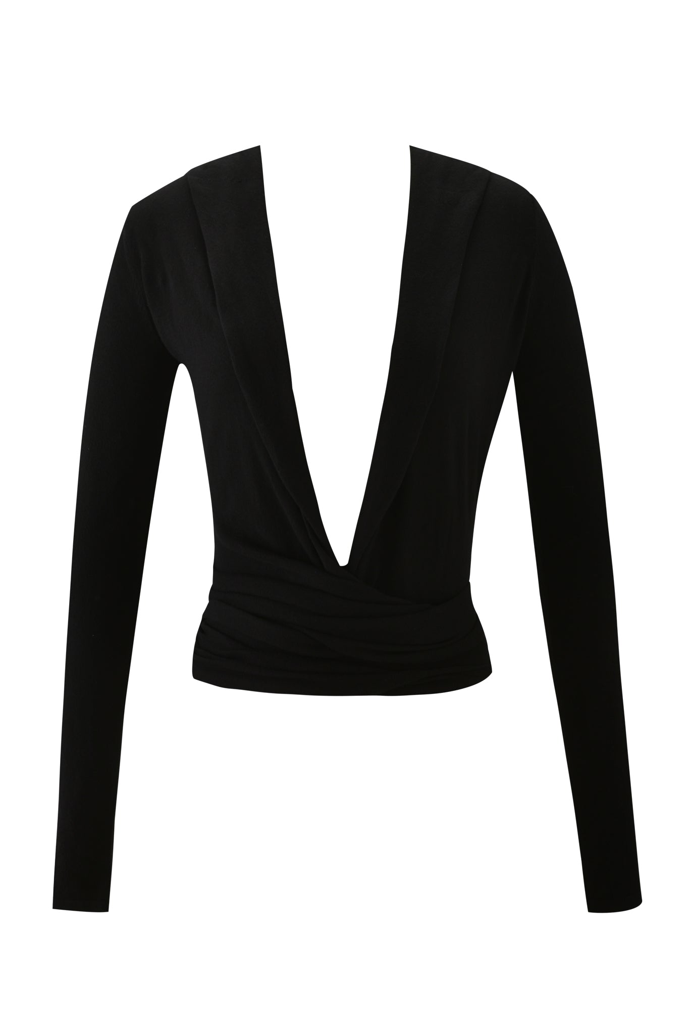 The IRINA KNIT TOP - BLACK by I.AM.GIA is a 100% cotton long-sleeve top featuring a deep V-neckline and fitted waist, shown on a white background.