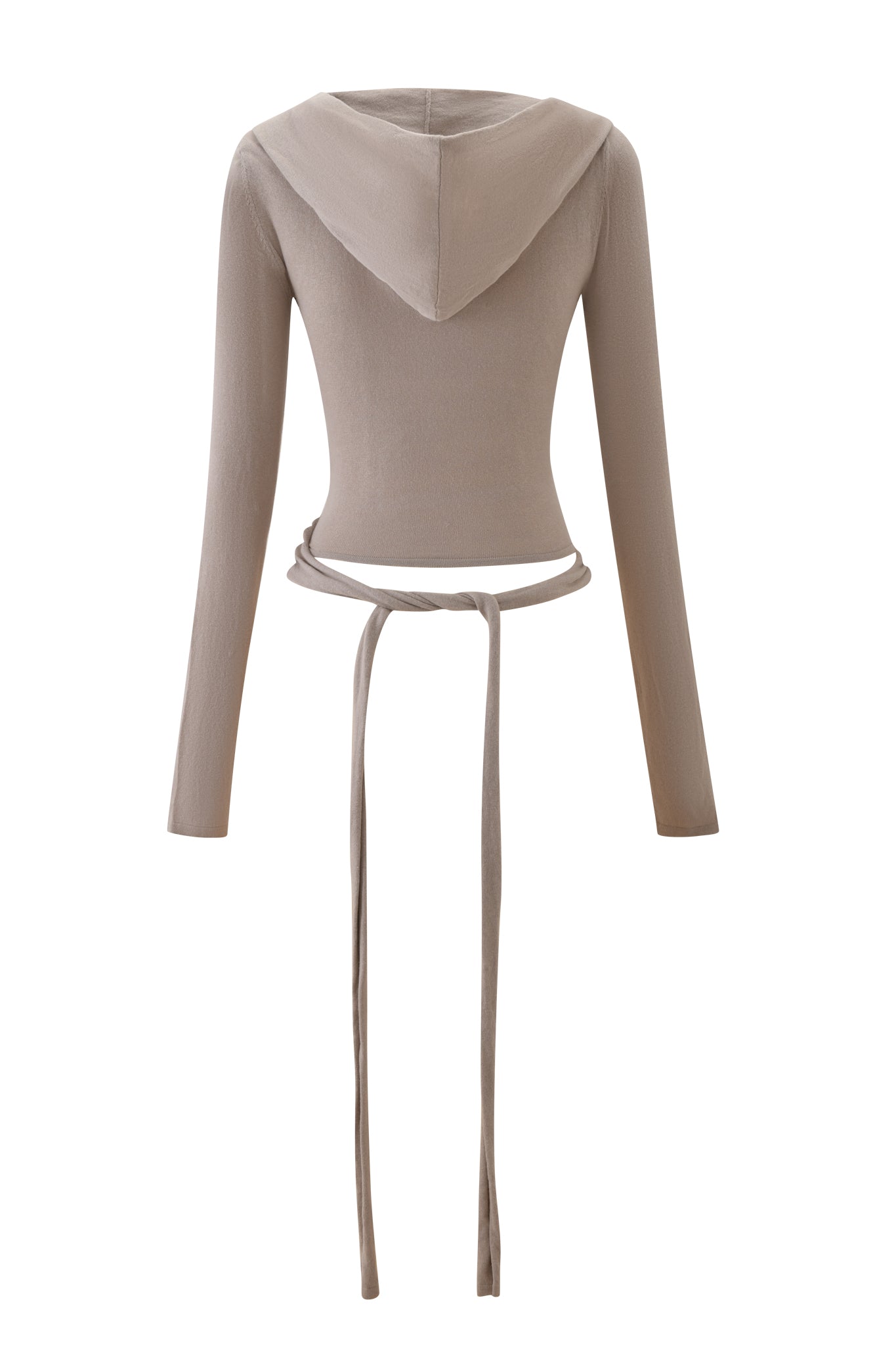 Back view of the I.AM.GIA IRINA KNIT TOP in beige, a fitted mid-length knit hooded wrap top with long sleeves and a wide attached tie belt, displayed against a white background.
