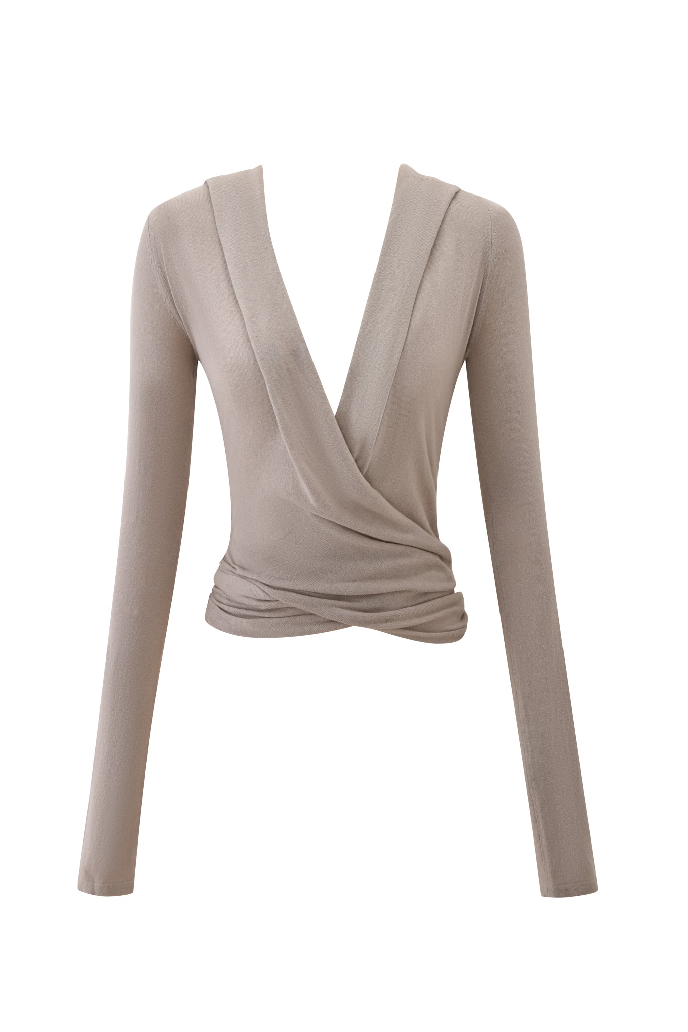 The IRINA KNIT TOP by I.AM.GIA is a beige, long-sleeve wrap top with a deep V-neck, fitted silhouette, and slightly cropped hem.
