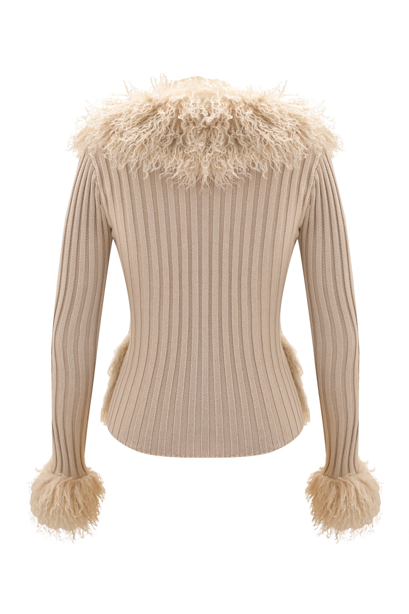 The CRESSIDA JACKET - TAN by I.AM.GIA is shown from the back, featuring a beige ribbed knit design with a cozy faux fur collar and cuff trim for added texture.