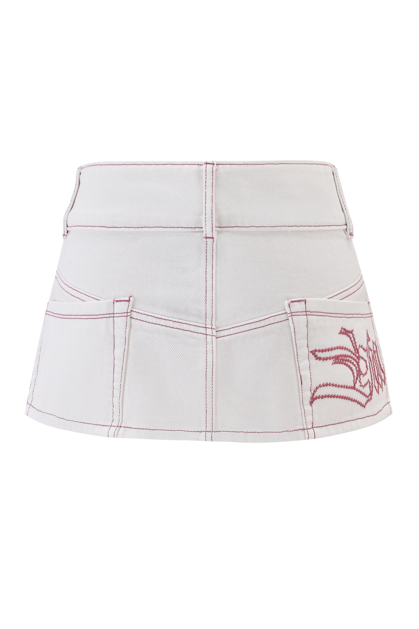 The MOXIE DENIM MINI SKORT - WHITE by I.AM.GIA features red stitching, seam lines, belt loops, and a back pocket with a red graphic. Made from 100% cotton for comfort and style.