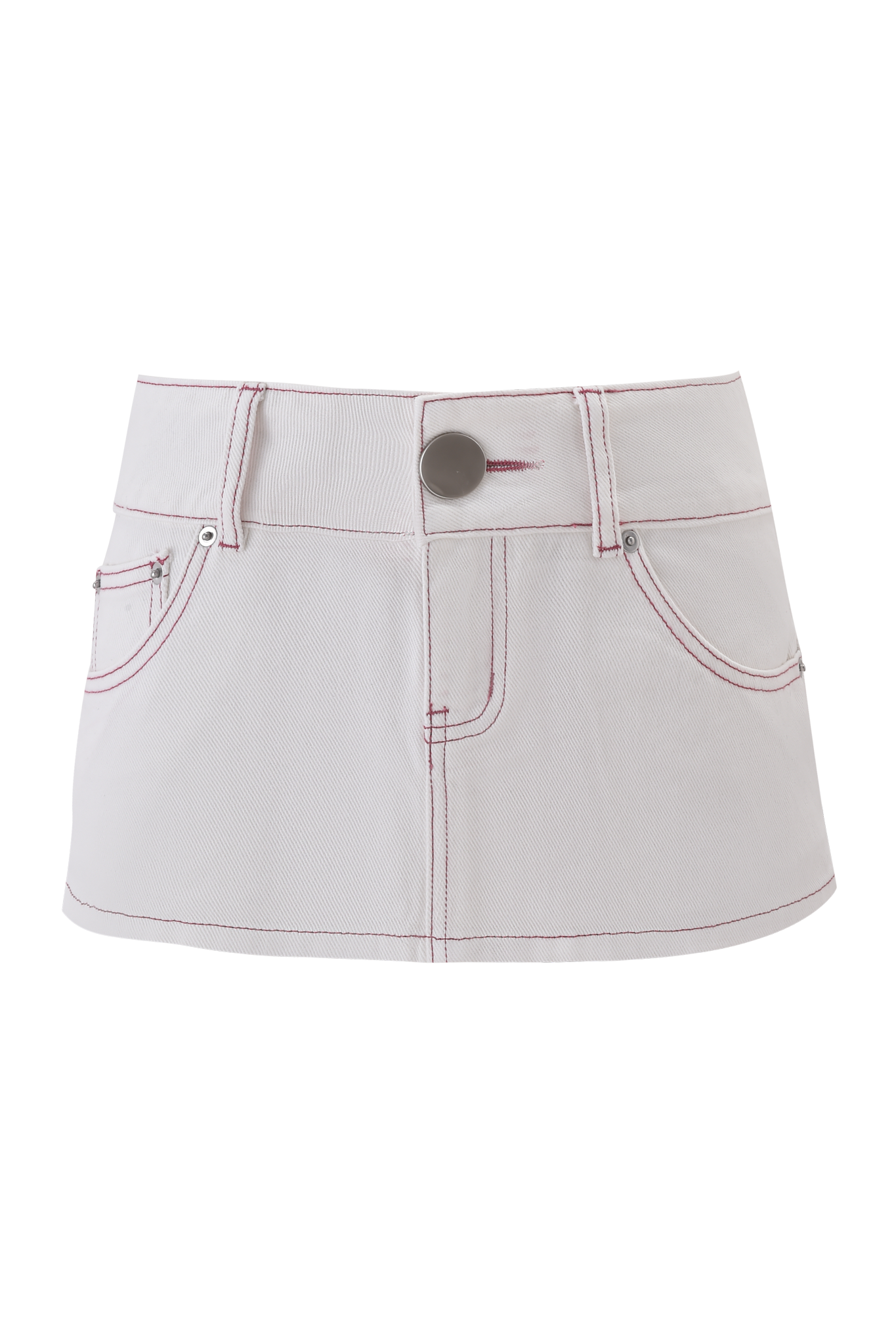 The MOXIE DENIM MINI SKORT by I.AM.GIA is a 100% cotton white mini skort featuring hot pink contrast stitching, front pockets, belt loops, and a metal button, shown against a plain background.