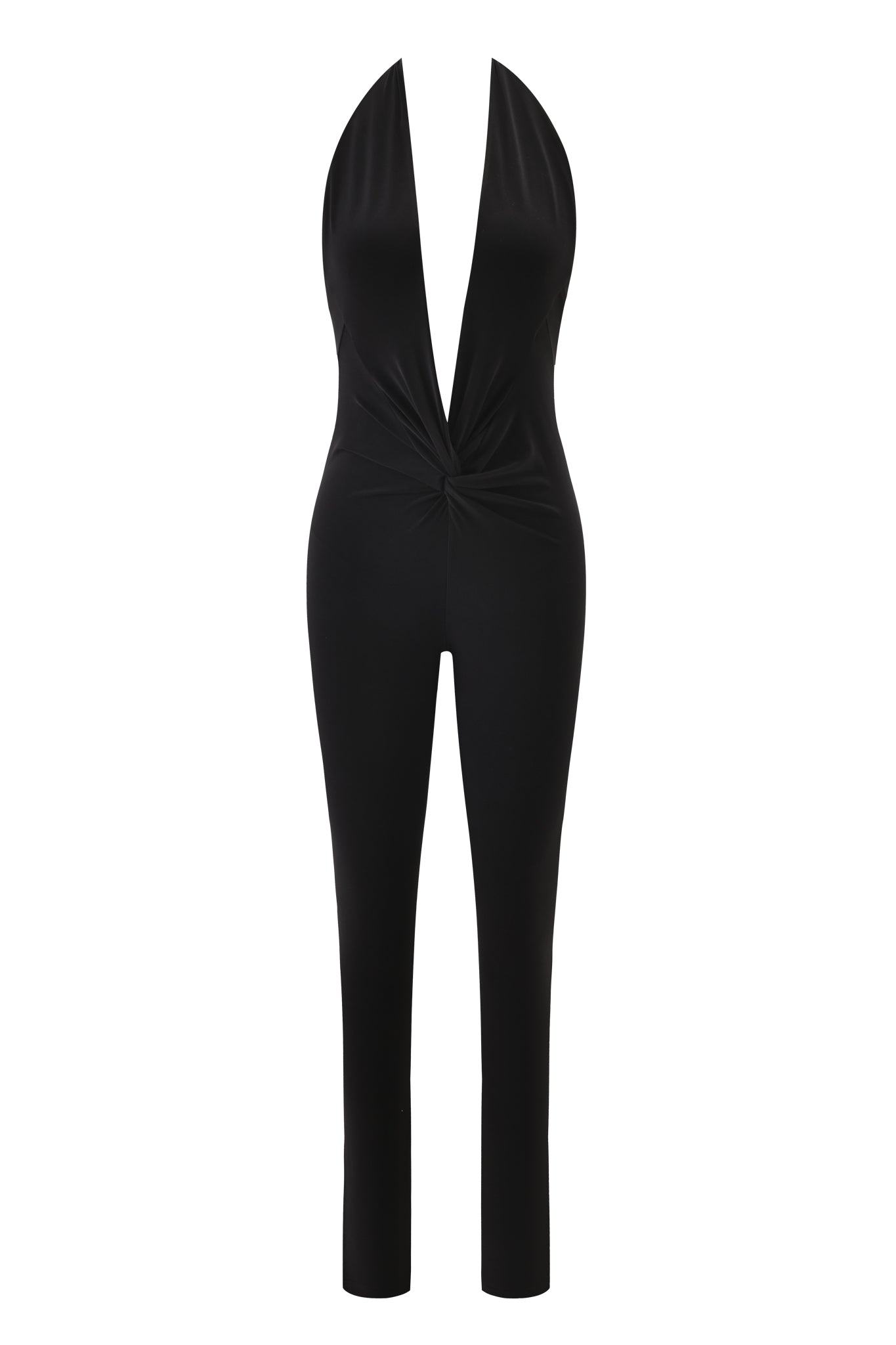 The NATALIA CATSUIT - BLACK by I.AM.GIA is a sleeveless, black jumpsuit with a deep V-neckline, twisted knot at the waist, and long slim legs for a sleek bodycon silhouette.