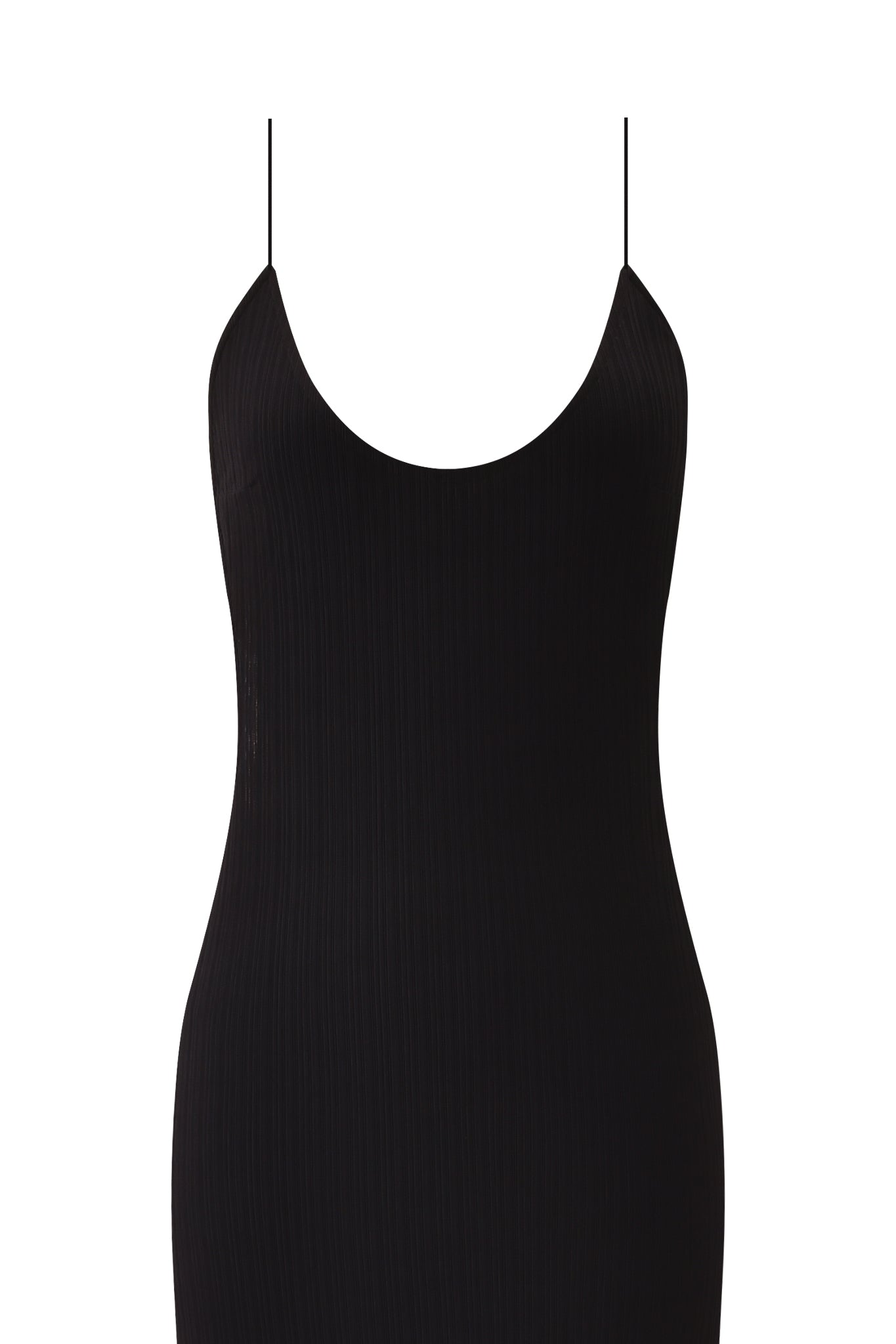The SIMONE MAXI DRESS by I.AM.GIA is a sleeveless black maxi dress featuring thin spaghetti straps, a scoop neckline, and micro ribbed fabric, displayed against a white background.