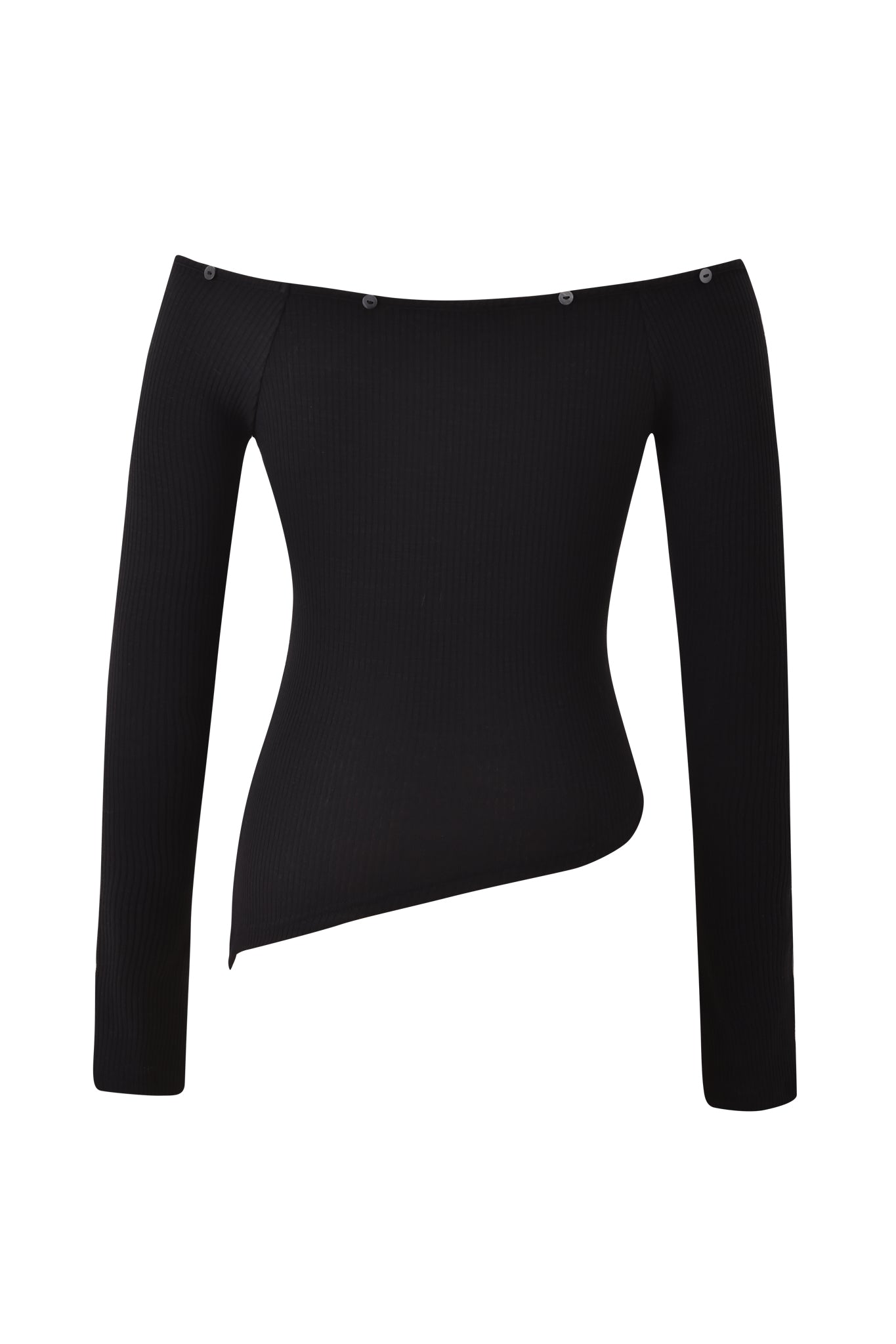 The I.AM.GIA CECILY TOP - BLACK features ribbed fabric, a long sleeve off-the-shoulder neckline, asymmetrical hemline, and small buttons along the collar, shown against a white background.
