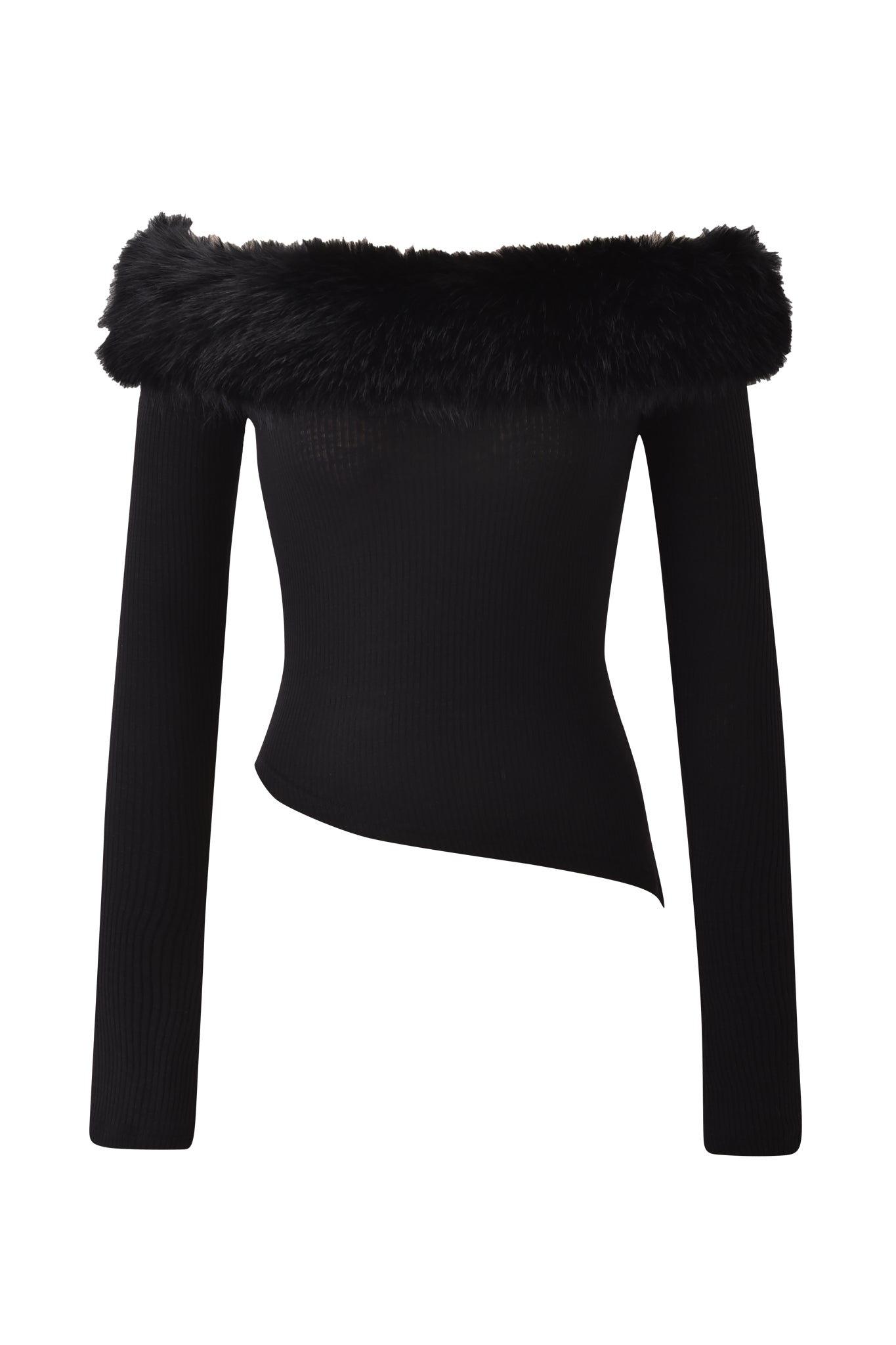 The I.AM.GIA CECILY TOP in black features ribbed long sleeves, an off-shoulder design, a fluffy removable faux fur collar around the neckline, and an asymmetrical hem, shown against a white background.