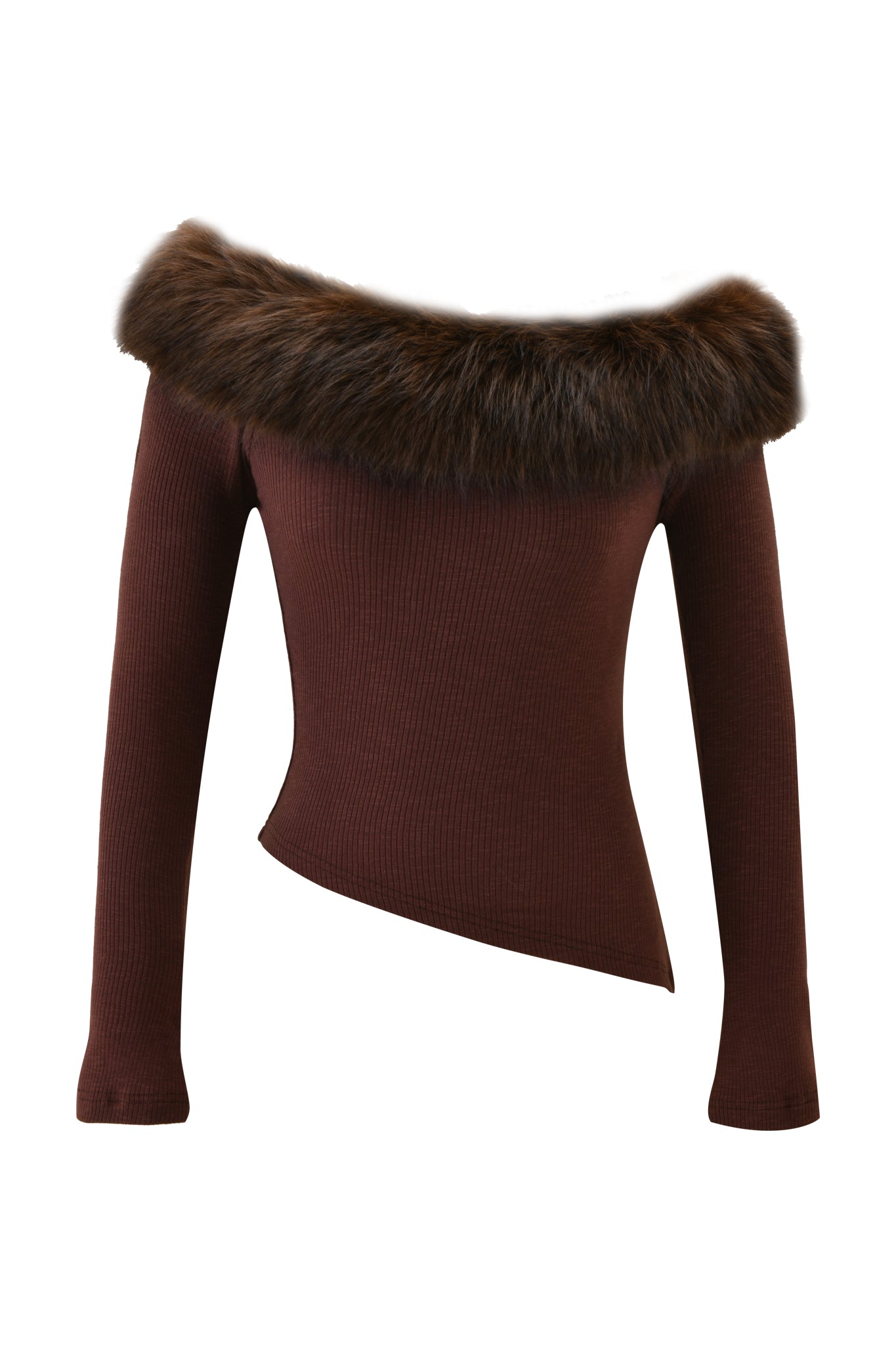 The CECILY TOP - BROWN by I.AM.GIA is a ribbed long sleeve top with an off-shoulder design, asymmetrical hem, and wide faux fur collar for added elegance.
