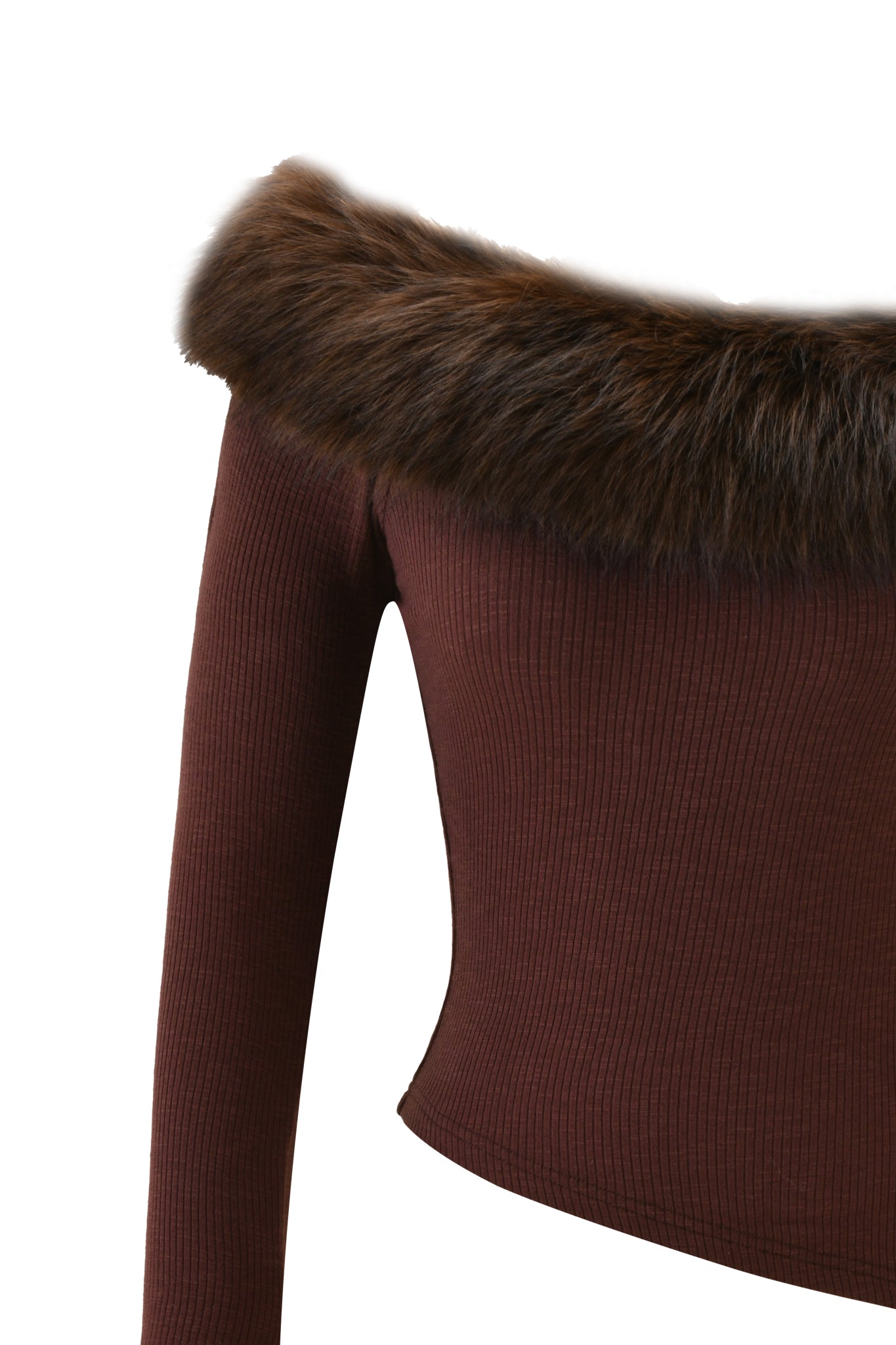 The CECILY TOP - BROWN by I.AM.GIA is a ribbed long sleeve top with an off-shoulder design, finished with a dark brown faux fur collar along the neckline.