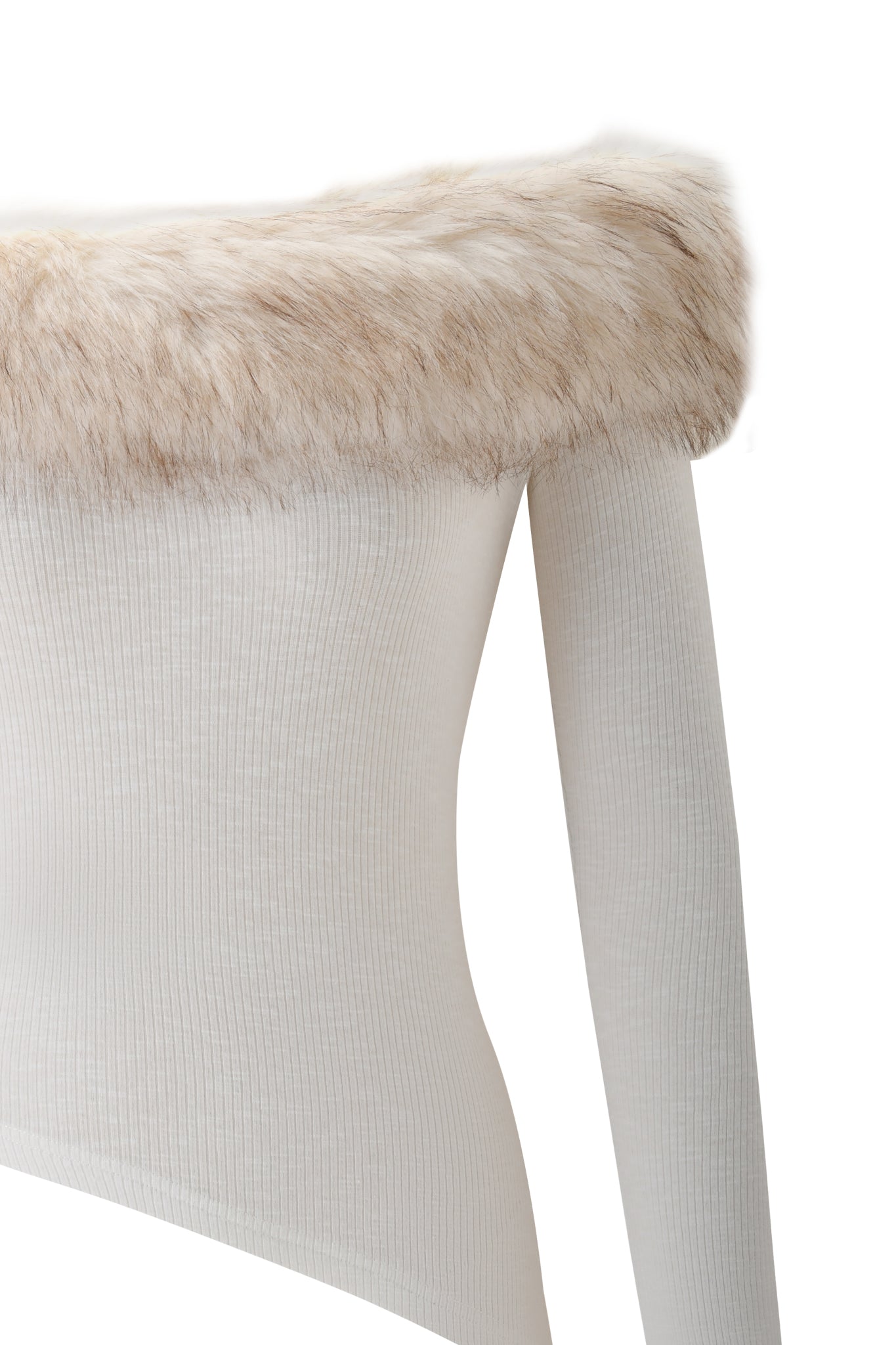 Close-up of the CECILY TOP in cream by I.AM.GIA, a ribbed long sleeve off-shoulder top featuring a wide, fluffy faux fur collar along the neckline.