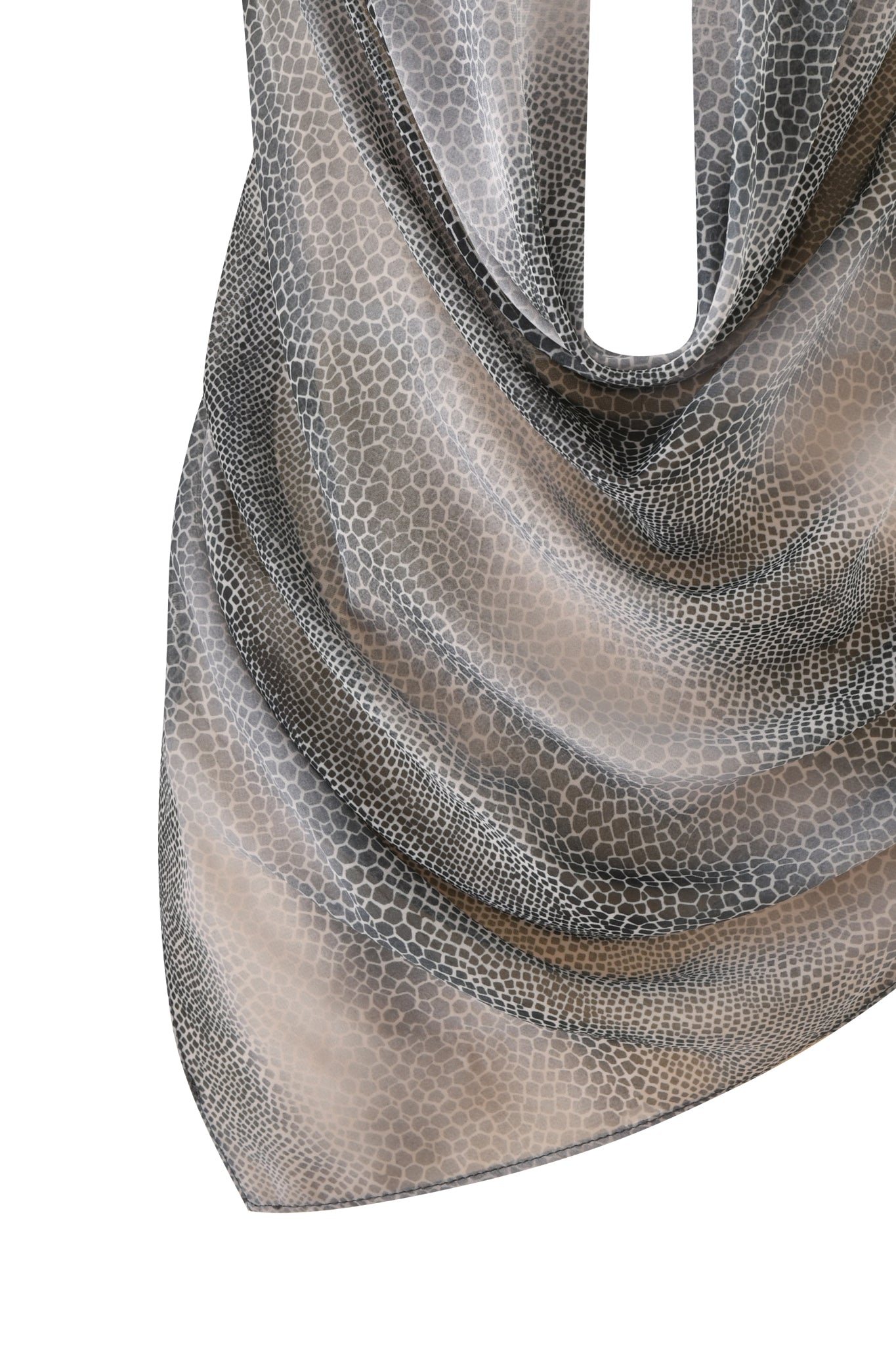 A close-up of the I.AM.GIA GRAYSON TOP - SERPICO, featuring a silky cowl neck and gray-beige snakeskin pattern, draped to showcase its smooth texture and flowing folds.