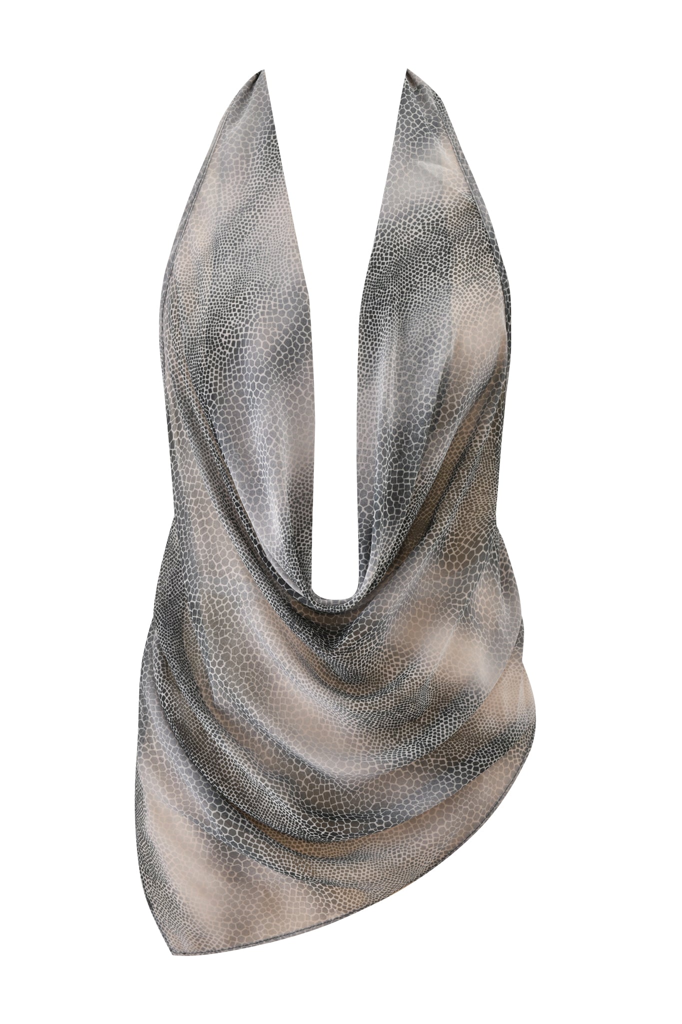 The GRAYSON TOP - SERPICO by I.AM.GIA is a sleeveless, backless top with a deep plunging cowl neck and gray/beige snakeskin print, draping loosely at the front against a white background.