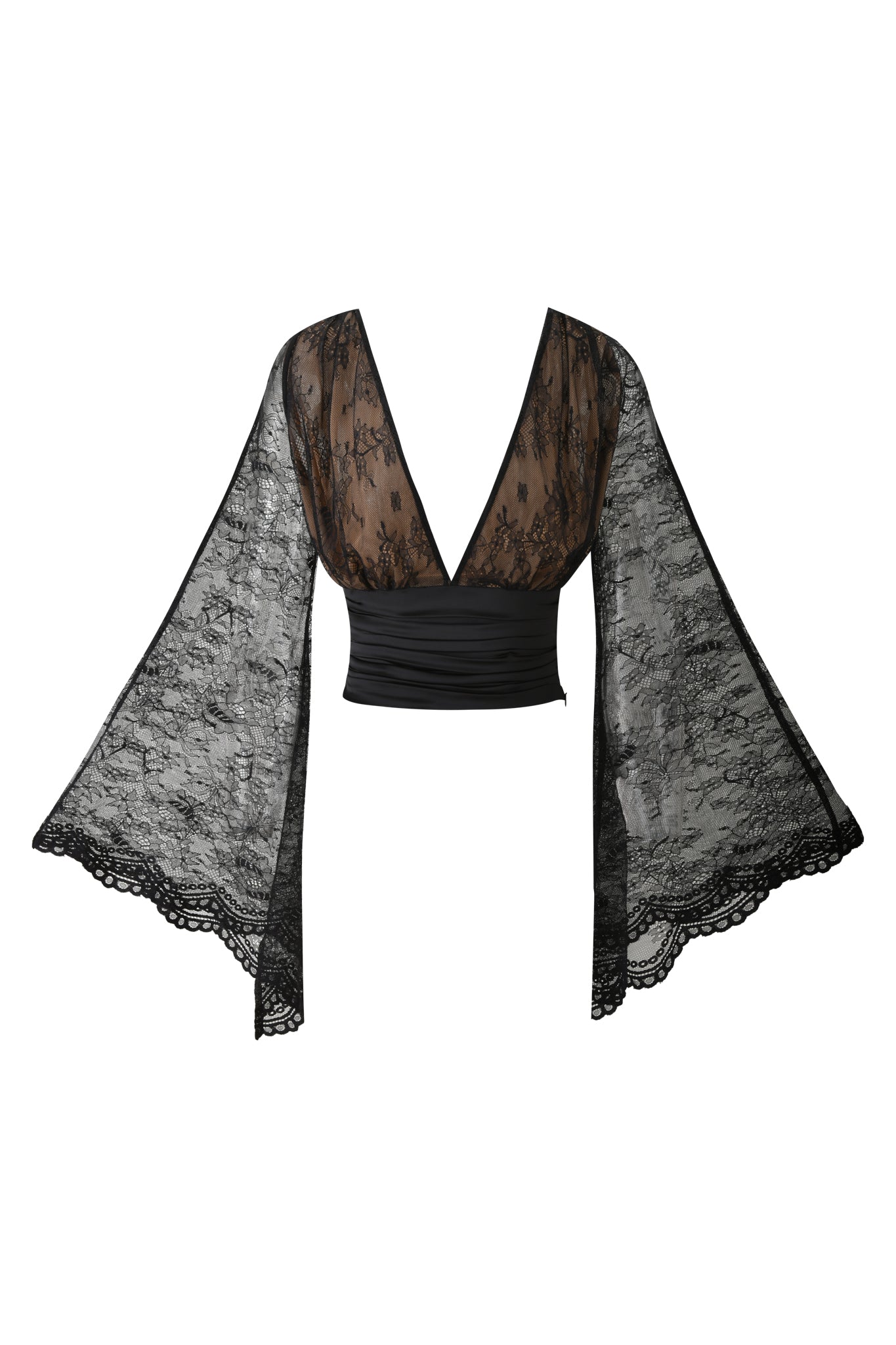 The STEVIE TOP - BLACK by I.AM.GIA features sheer floral lace fabric, a deep V neckline, wide long bell sleeves, and scalloped edges.