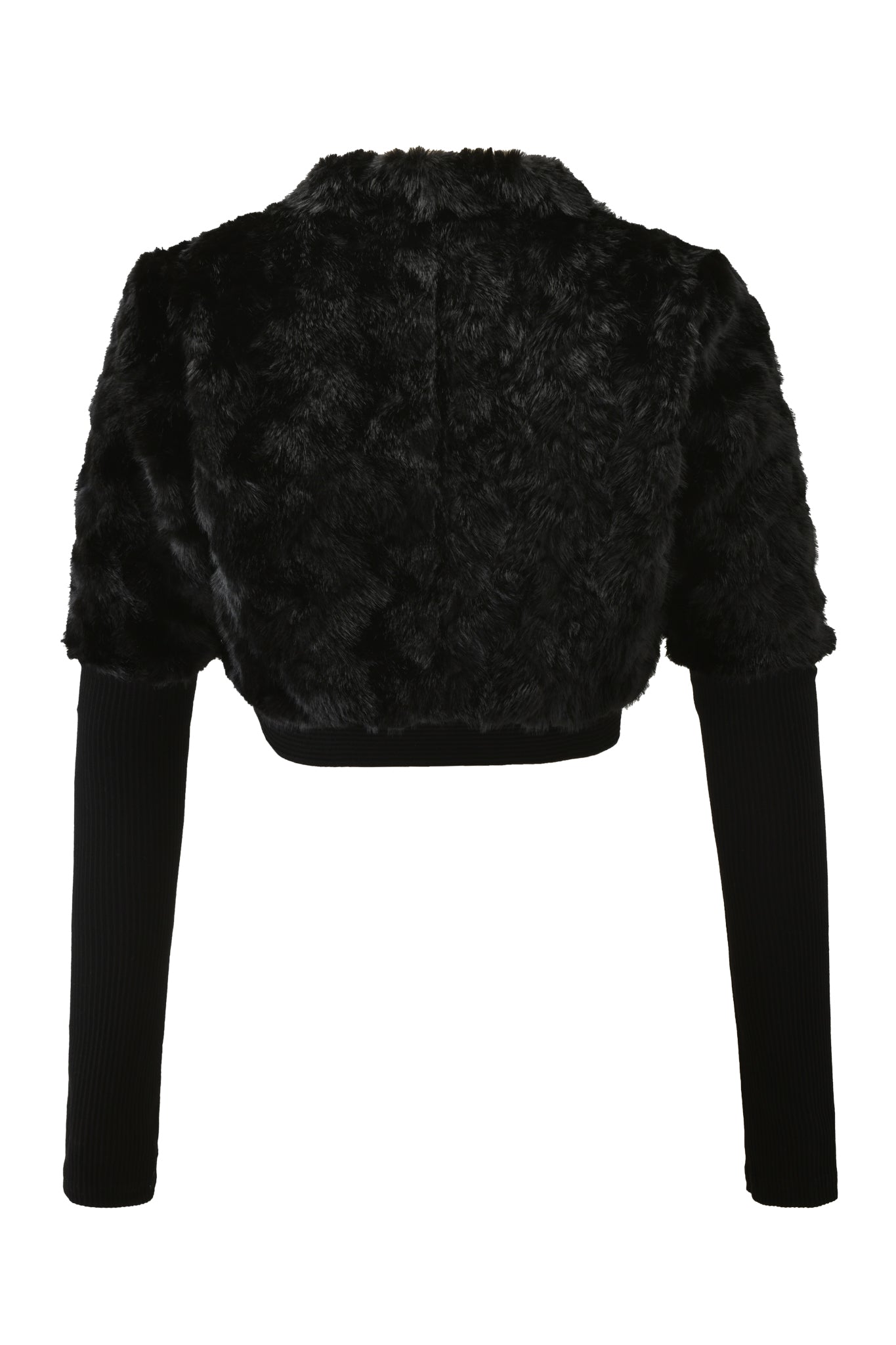 The I.AM.GIA RUBY BOLERO in black is a cropped faux fur jacket featuring long rib knit sleeves.