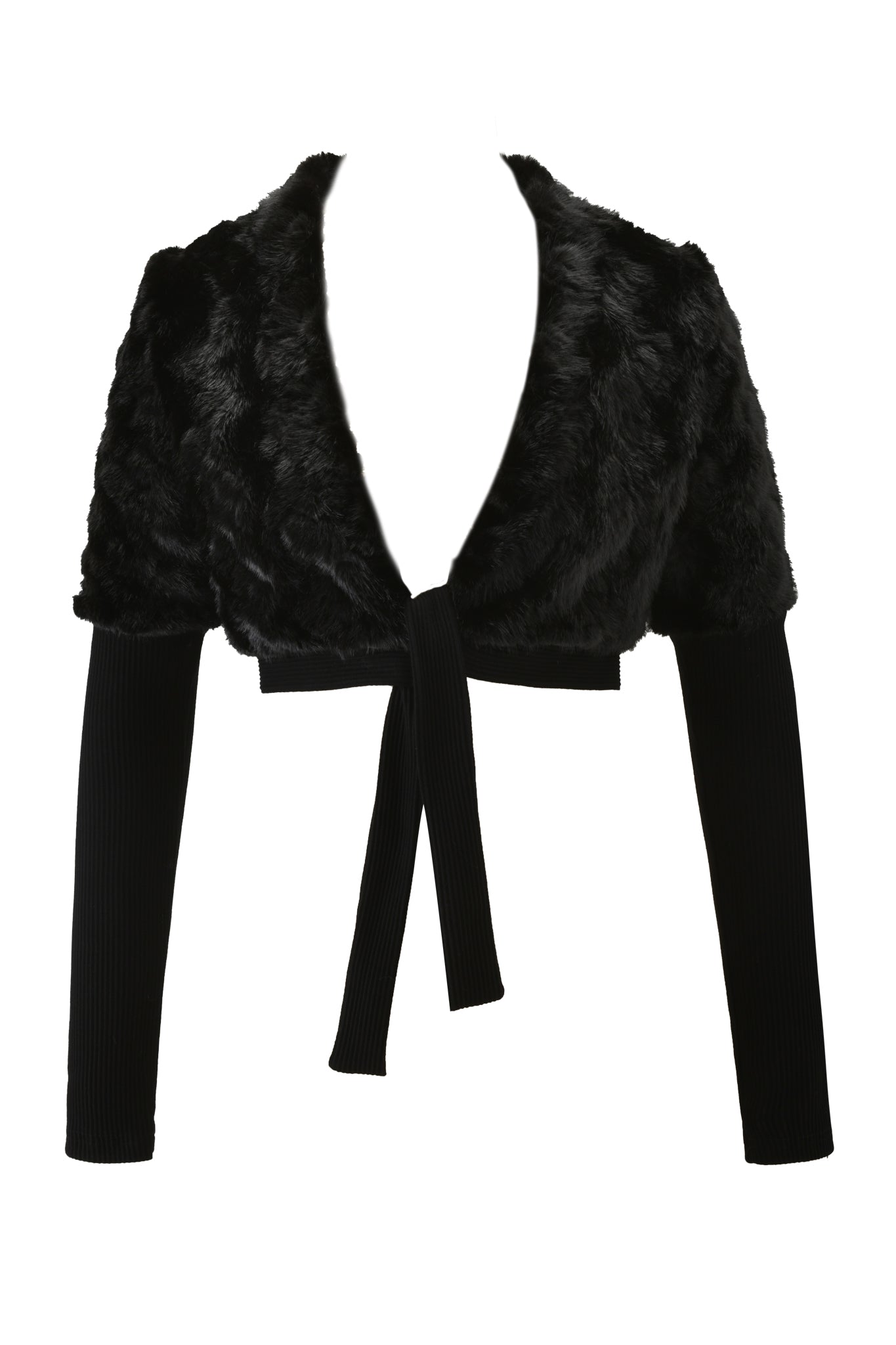 The RUBY BOLERO - BLACK by I.AM.GIA is a cropped faux fur bolero with long rib knit sleeves and an open front, finished with a thick black ribbon tie.