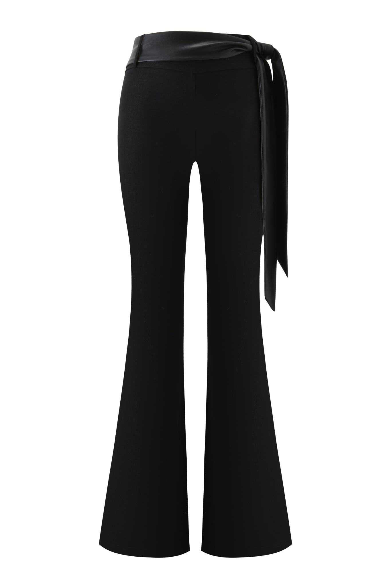 The FELIZ PANT - BLACK by I.AM.GIA is a high-waisted, black flare leg pant with a wide waistband and matching faux leather tie belt, displayed on a white background.