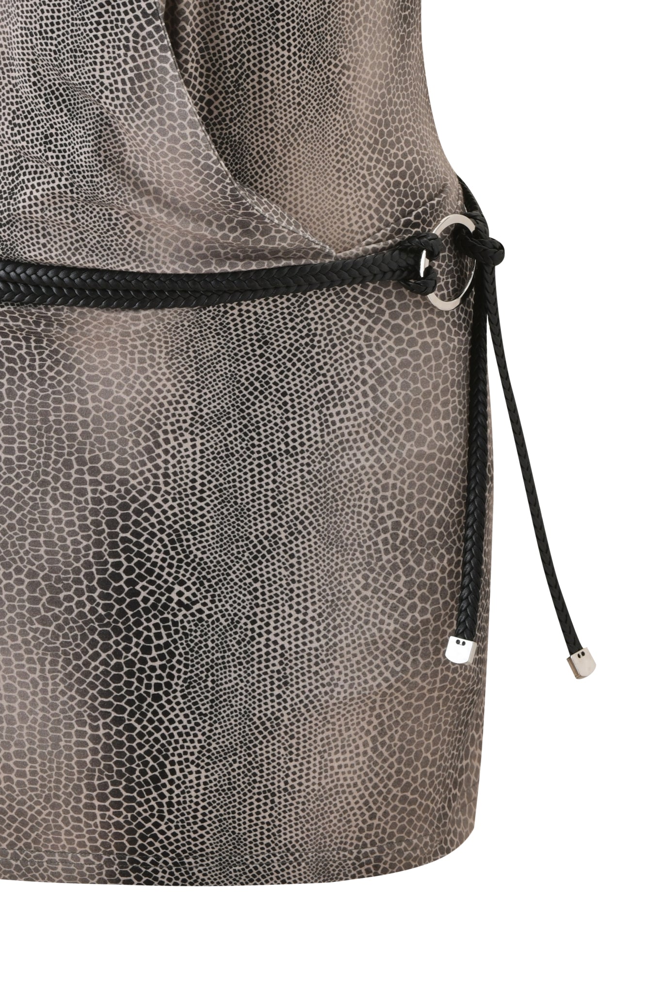Close-up of the I.AM.GIA CHIVA MINI DRESS - SERPICO, a gray and black snake print dress with a thin black braided belt featuring silver metal tips and a circular silver buckle.