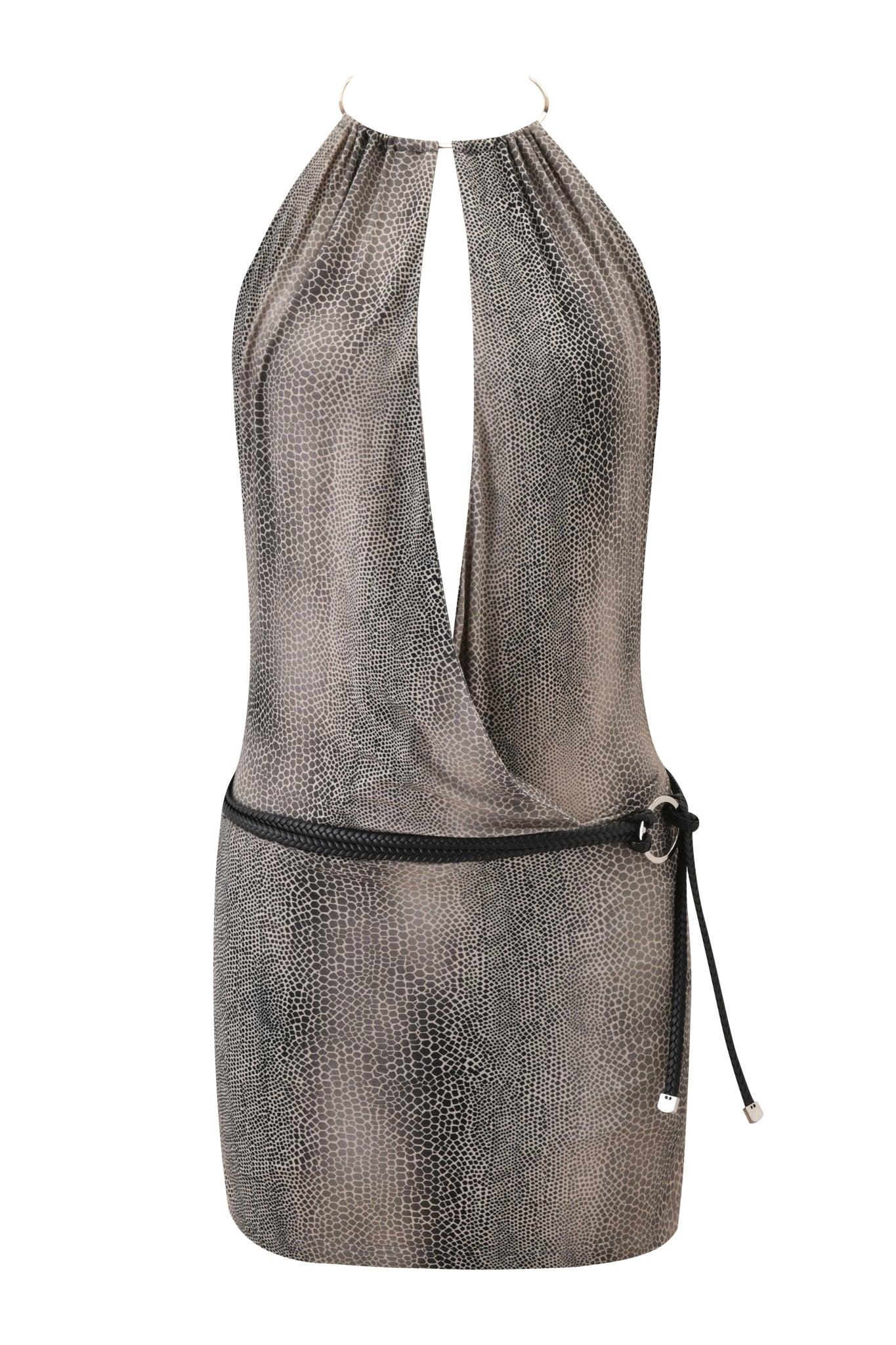 The CHIVA MINI DRESS - SERPICO by I.AM.GIA is a sleeveless snake print mini dress with a deep V-neckline, cut out halter design, and a black cord belt at the waist.