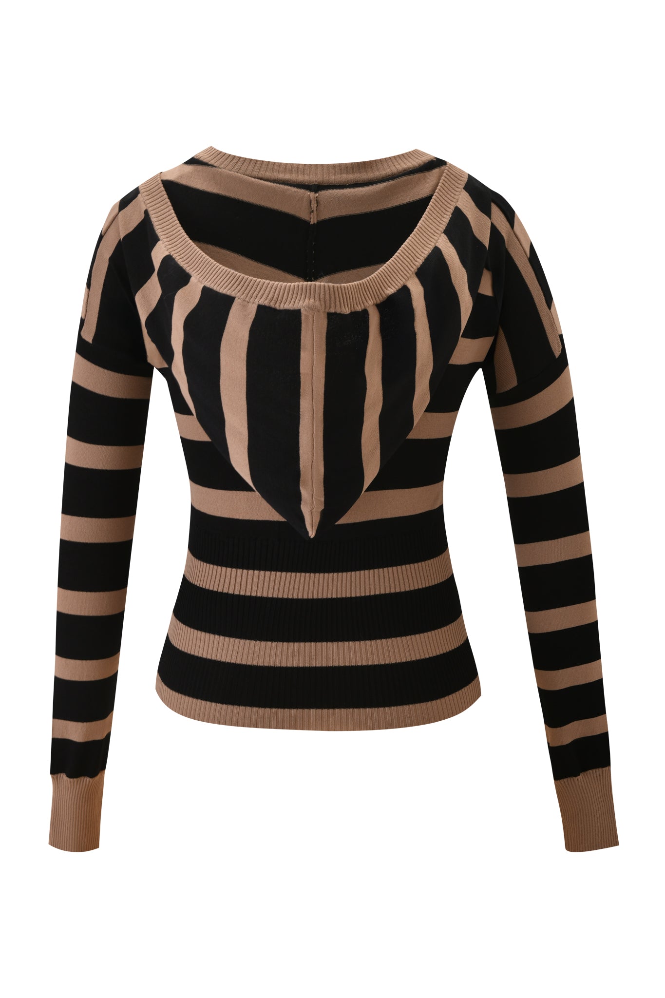 The SUZI SWEATER by I.AM.GIA is a bodycon knit top in black and tan stripes, featuring long sleeves, a wide round neckline, ribbed cuffs and hem, horizontal sleeve stripes, and a V-shaped striped back.
