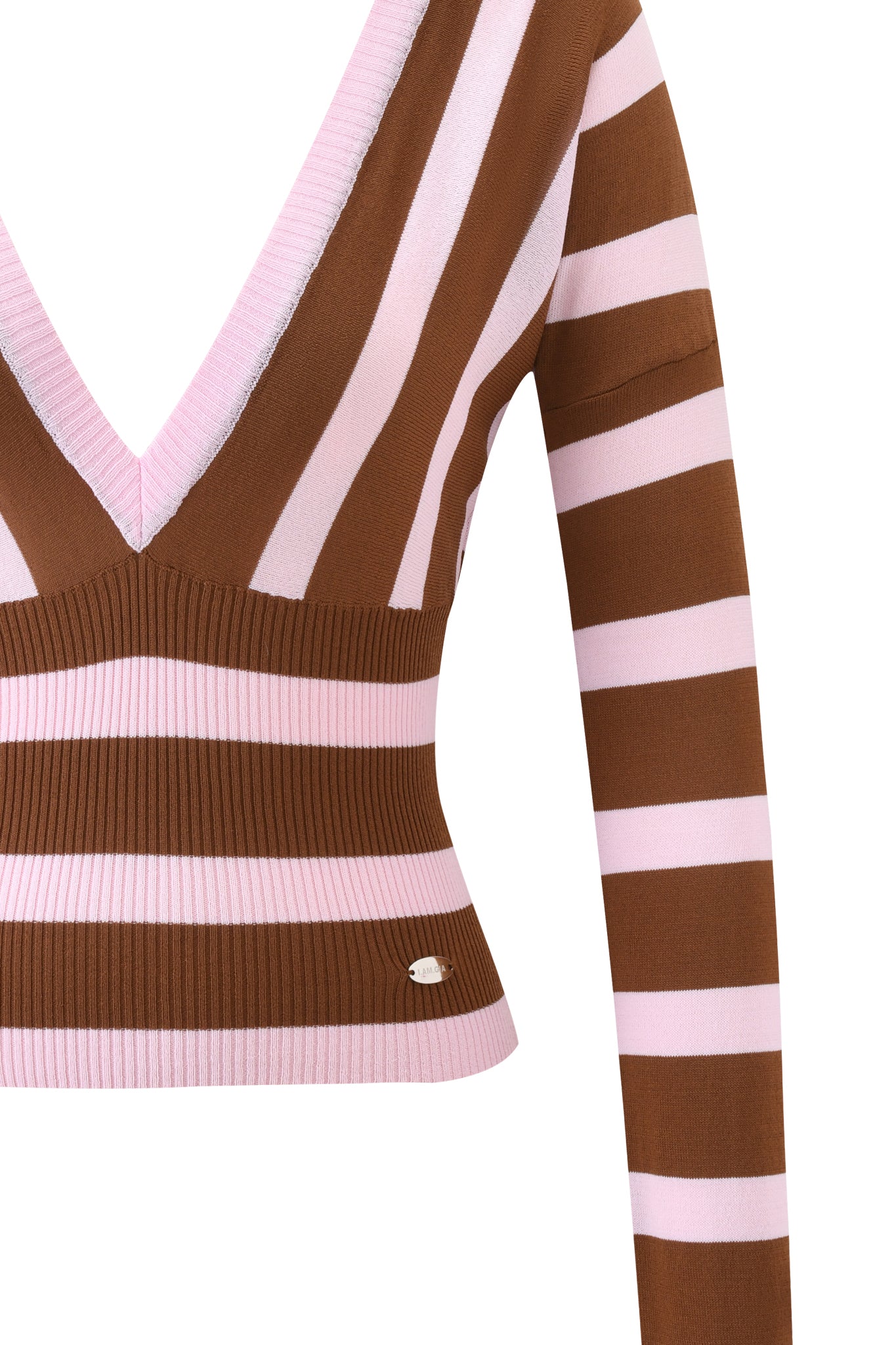 The SUZI SWEATER - PINK AND CHOCOLATE STRIPE by I.AM.GIA features a cropped fit with pink and chocolate stripes, a deep V-neck, long sleeves, ribbed waist, fine knit fabrication, and a small metal logo near the hem.