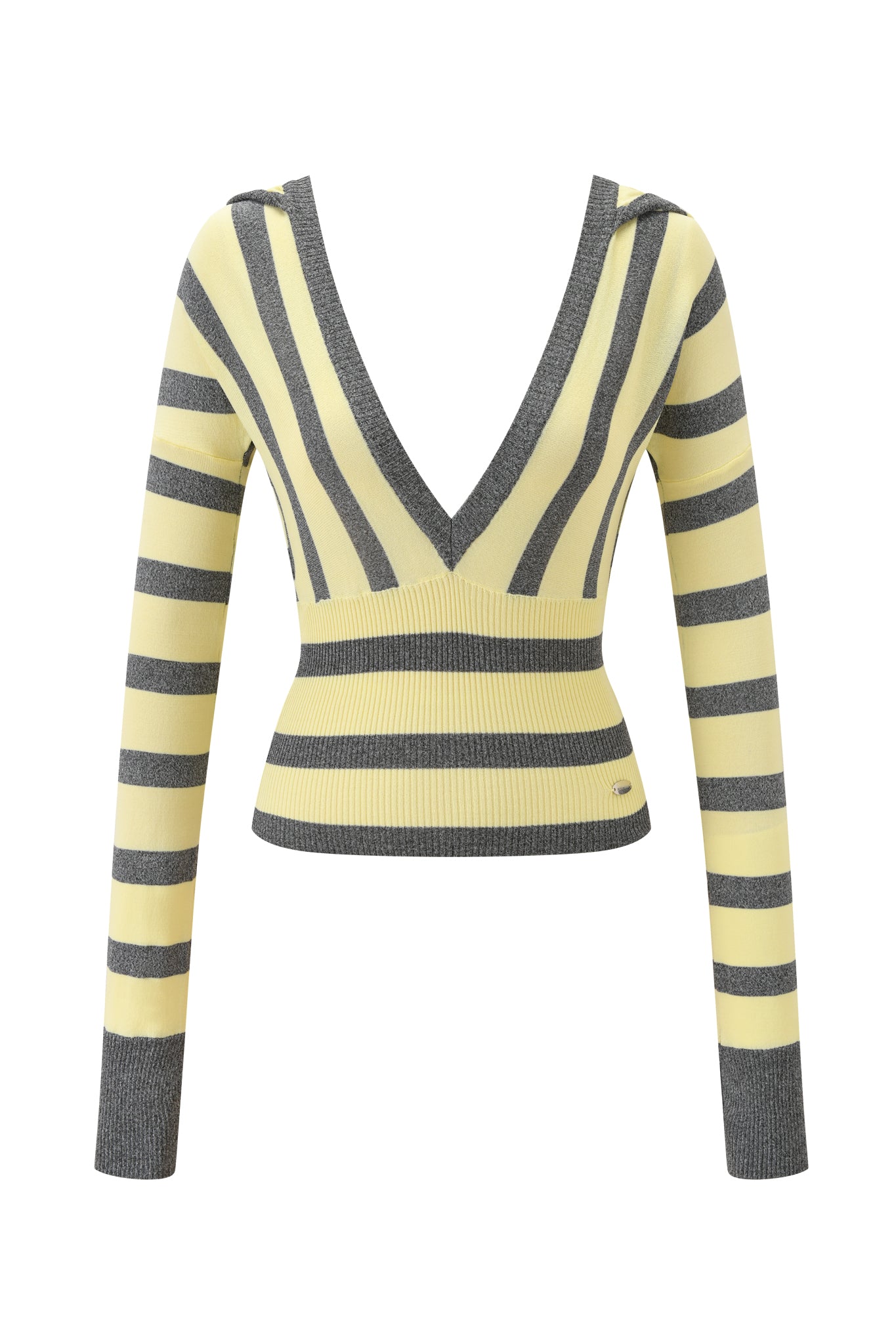 The SUZI SWEATER - YELLOW AND GREY STRIPE by I.AM.GIA is a cropped, long-sleeve knit with wide yellow and grey stripes, a deep V-neckline, and ribbed cuffs and waistband.