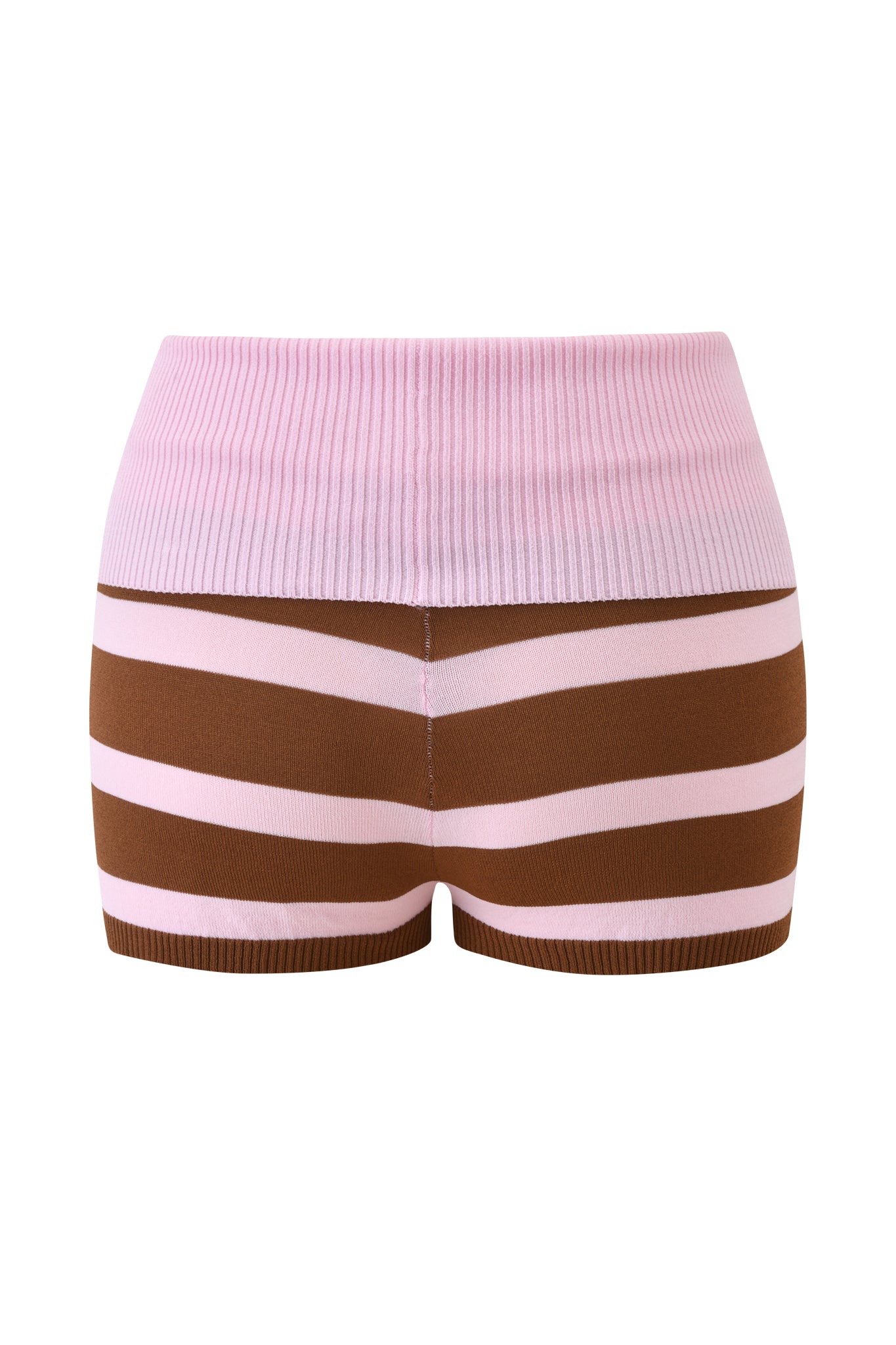 The I.AM.GIA SUZI SHORT - PINK AND CHOCOLATE STRIPE features a high-waisted, micro mini fit with a ribbed foldover waistband and stylish wide brown and narrow pink horizontal stripes for a snug, fitted silhouette.