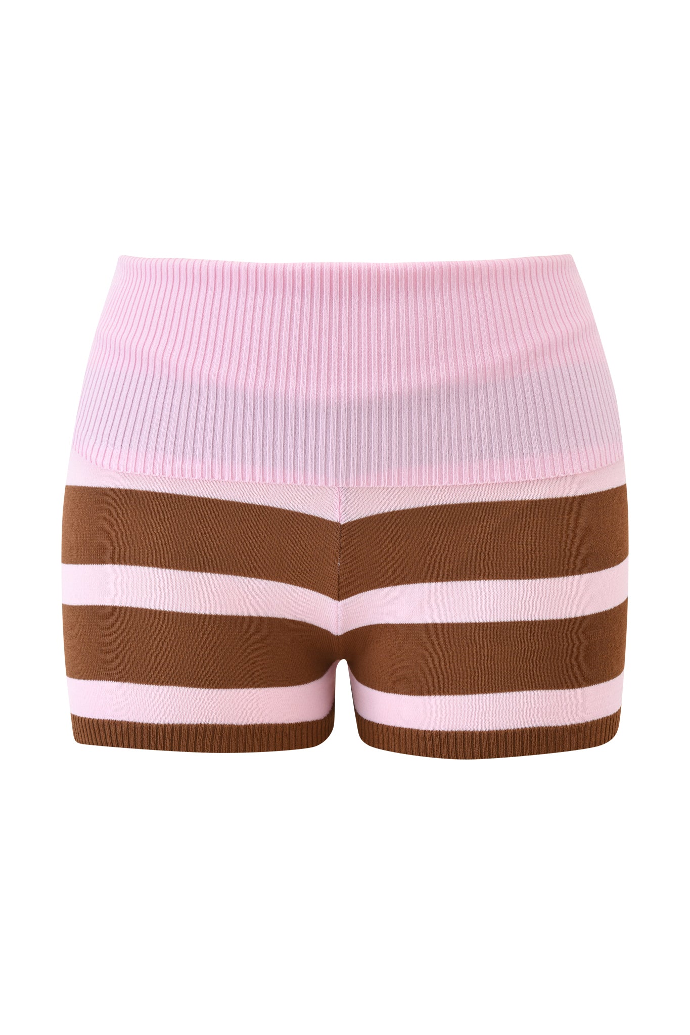 The I.AM.GIA SUZI SHORT - PINK AND CHOCOLATE STRIPE features wide horizontal brown and pink stripes and a ribbed foldover waistband, displayed against a plain white background.