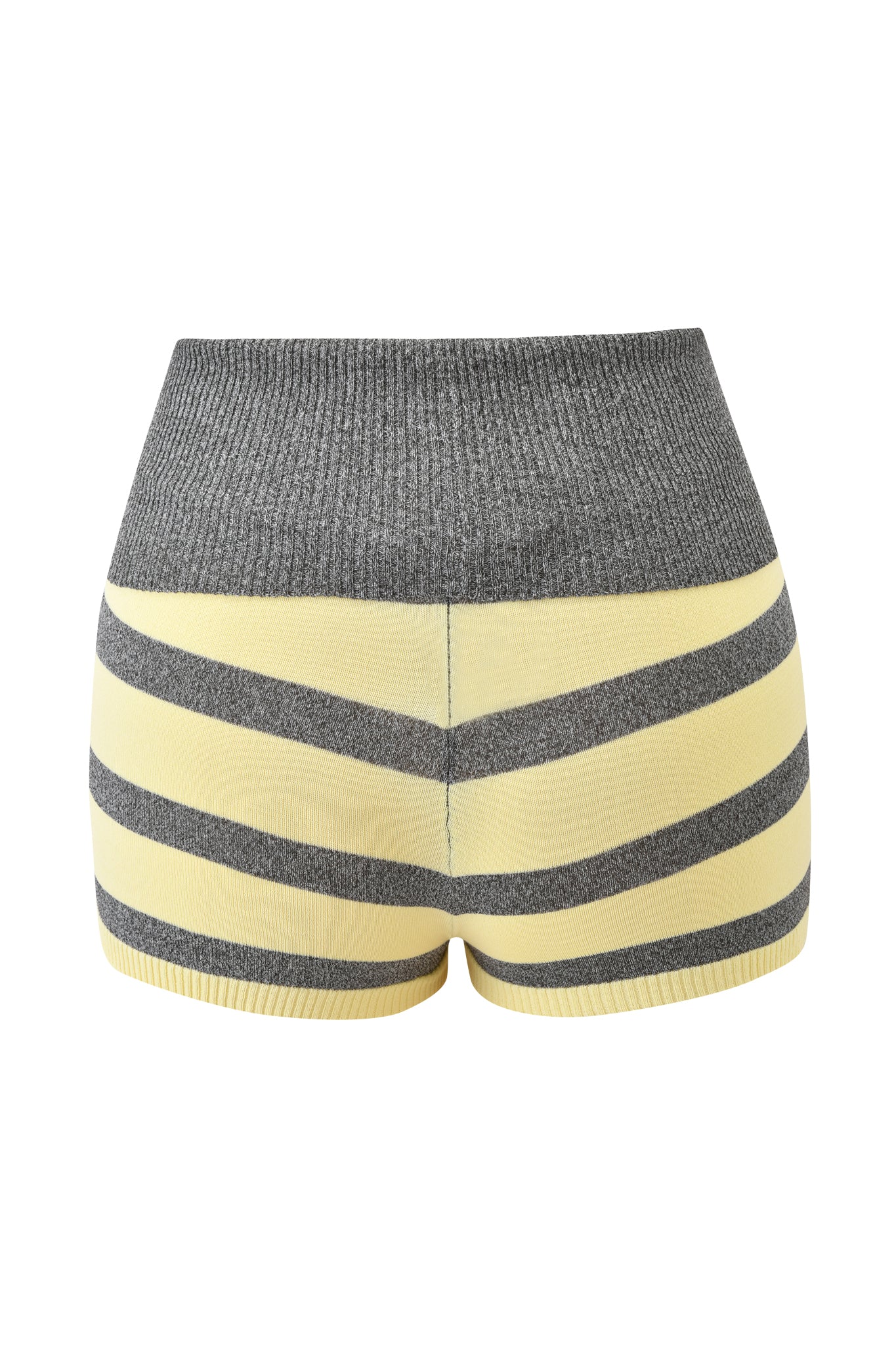 The I.AM.GIA SUZI SHORT - YELLOW AND GREY STRIPE features high-waisted knit shorts with a thick, adjustable gray waistband and alternating yellow and gray stripes, shown against a white background.