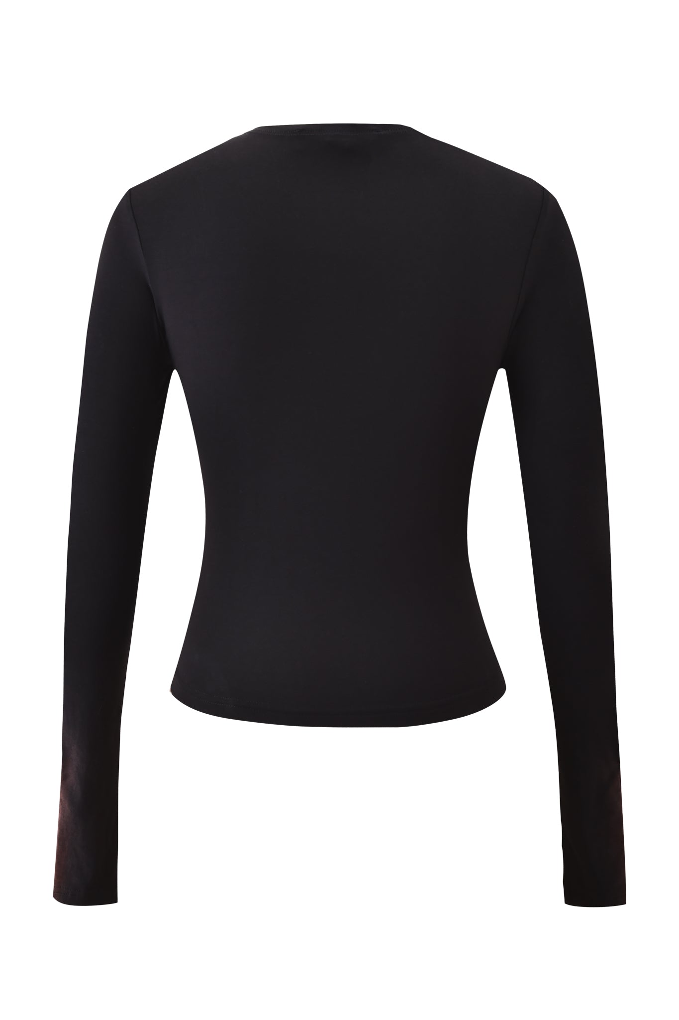 Back view of the DRAVEN TOP - BLACK by I.AM.GIA, a fitted long-sleeve crewneck top with a bodycon silhouette, shown on a white background.