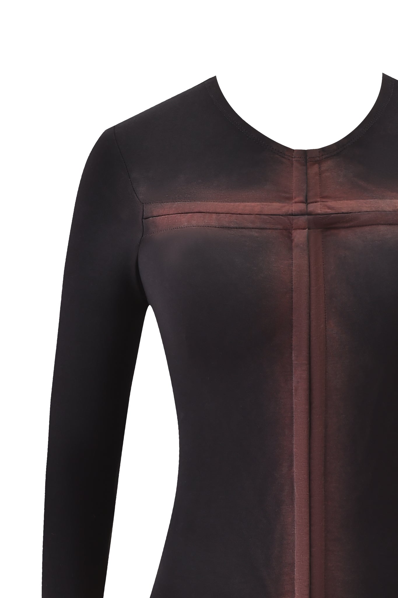 Close-up of the I.AM.GIA DRAVEN TOP in black, featuring faded reddish-brown vertical and horizontal stripes on the front, a sleek bodycon fit, and long sleeves, displayed against a plain white background.