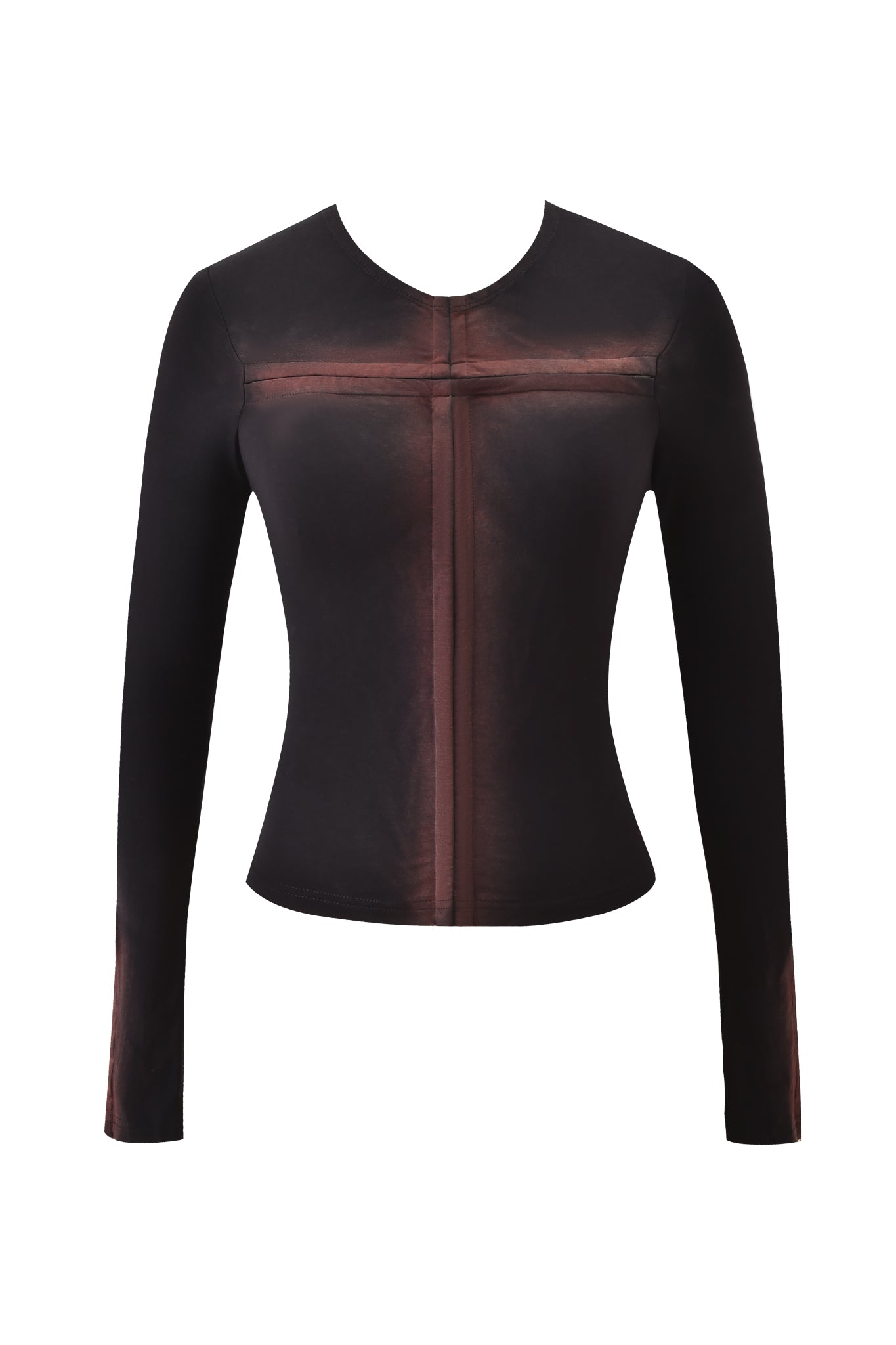 The DRAVEN TOP - BLACK by I.AM.GIA is a long-sleeve, bodycon fit top featuring a subtle reddish-brown cross pattern on the front, shown against a plain white background.