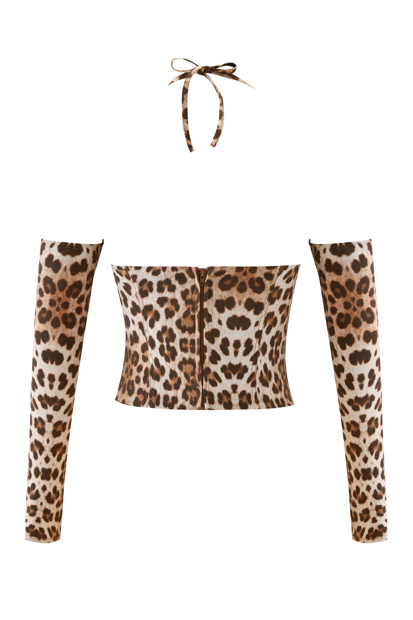 The I.AM.GIA VITA TOP - WILD ABOUT YOU is a leopard print three-piece set with an underwired corset, front zipper, removable long sleeves, and a tie-up halter strap, shown on a white background.