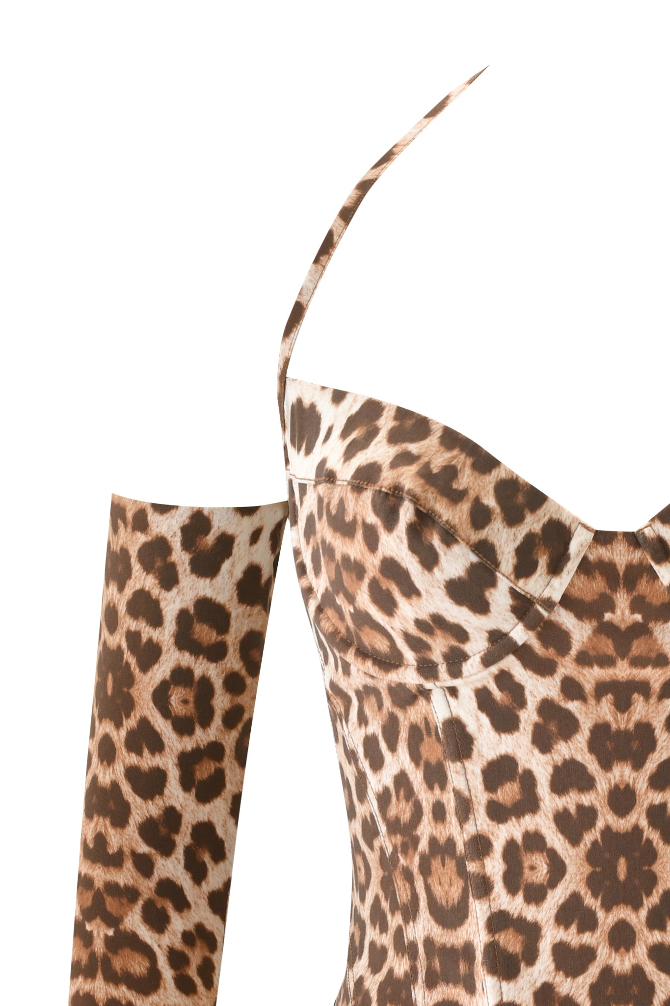 A close-up of the I.AM.GIA VITA TOP - WILD ABOUT YOU, featuring leopard print, thin shoulder straps, underwire bust cups, and matching detached long sleeves against a white background.