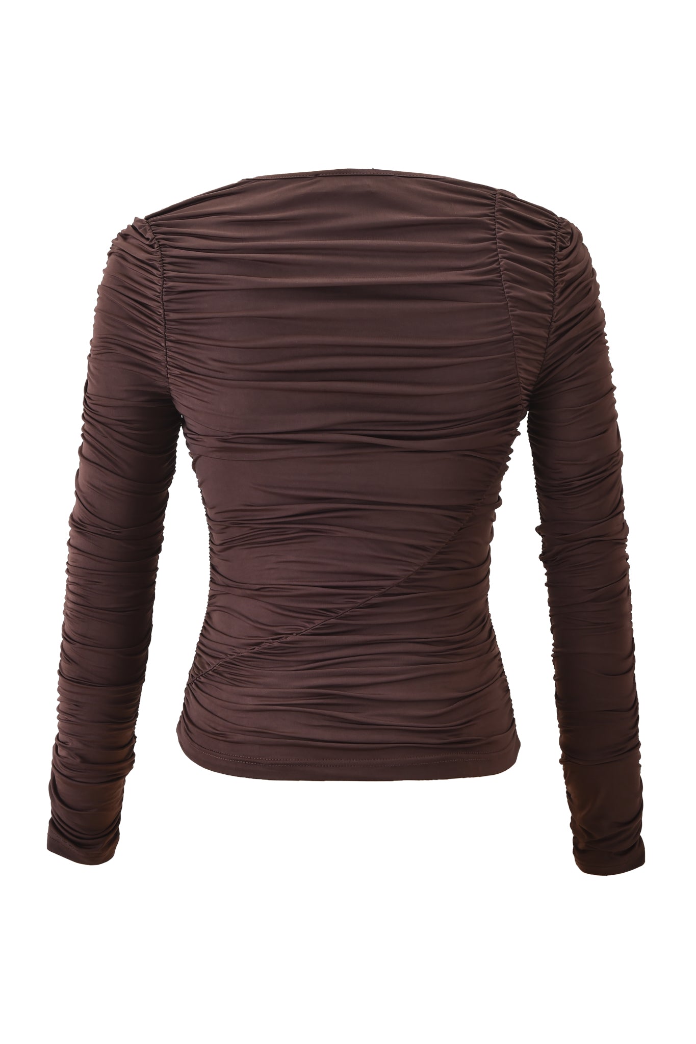 The CERISE TOP - CHOCOLATE by I.AM.GIA is a brown ruched long sleeve bodycon top with a crew neckline and fitted silhouette, shown from the back against a white background.