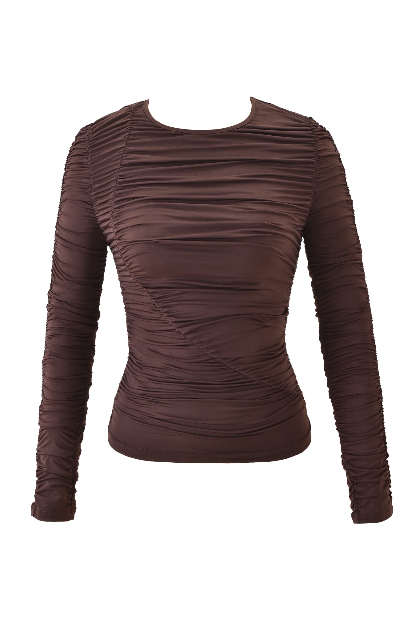 The CERISE TOP - CHOCOLATE by I.AM.GIA is a brown ruched long sleeve bodycon top, made from slinky jersey with gathered detailing, a round neckline, and a slightly sheer, textured look.