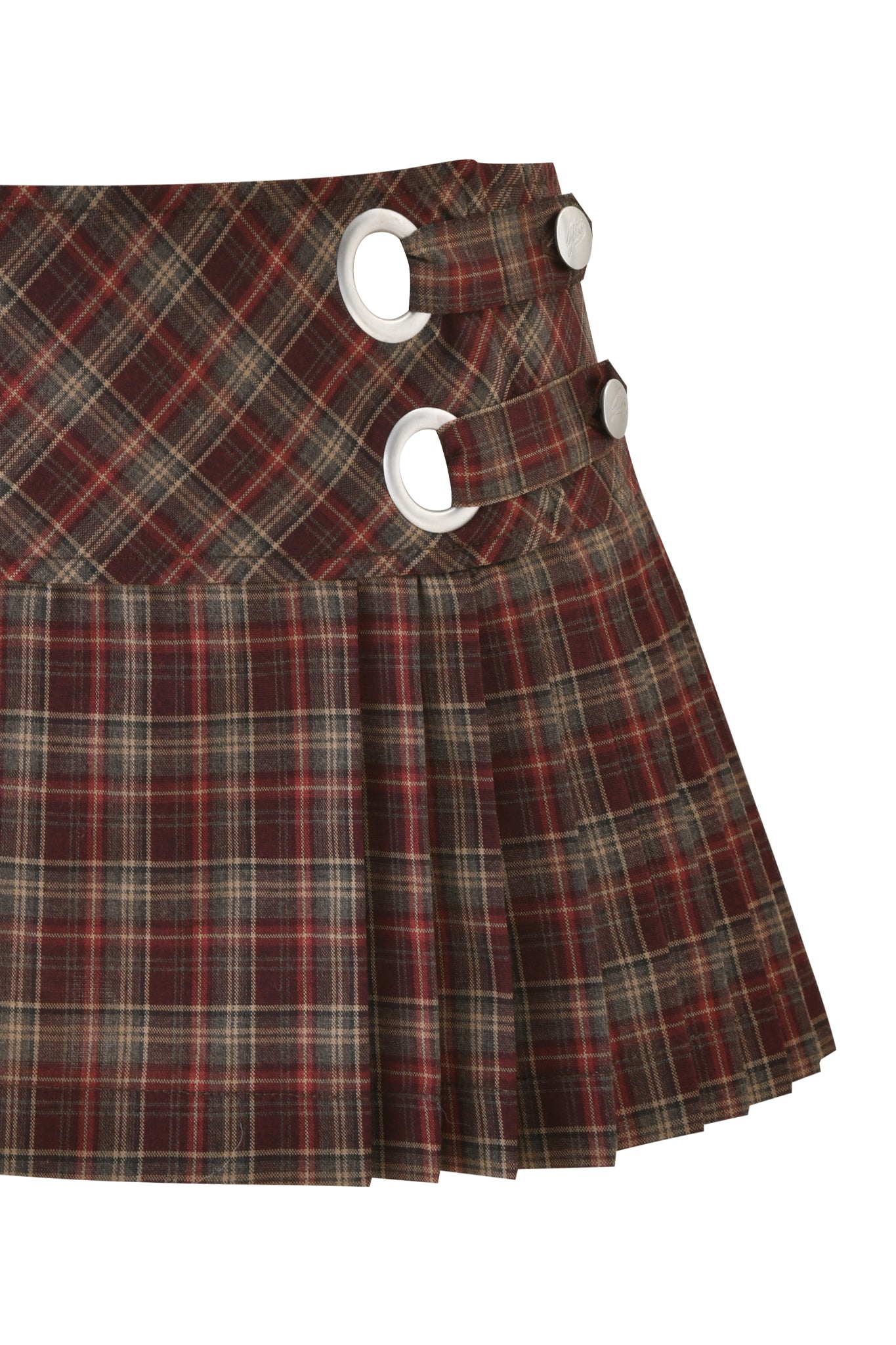 The ROUX MINI SKORT - BURGUNDY PLAID by I.AM.GIA is a pleated mini skort featuring two silver buckles and straps on the waistband.